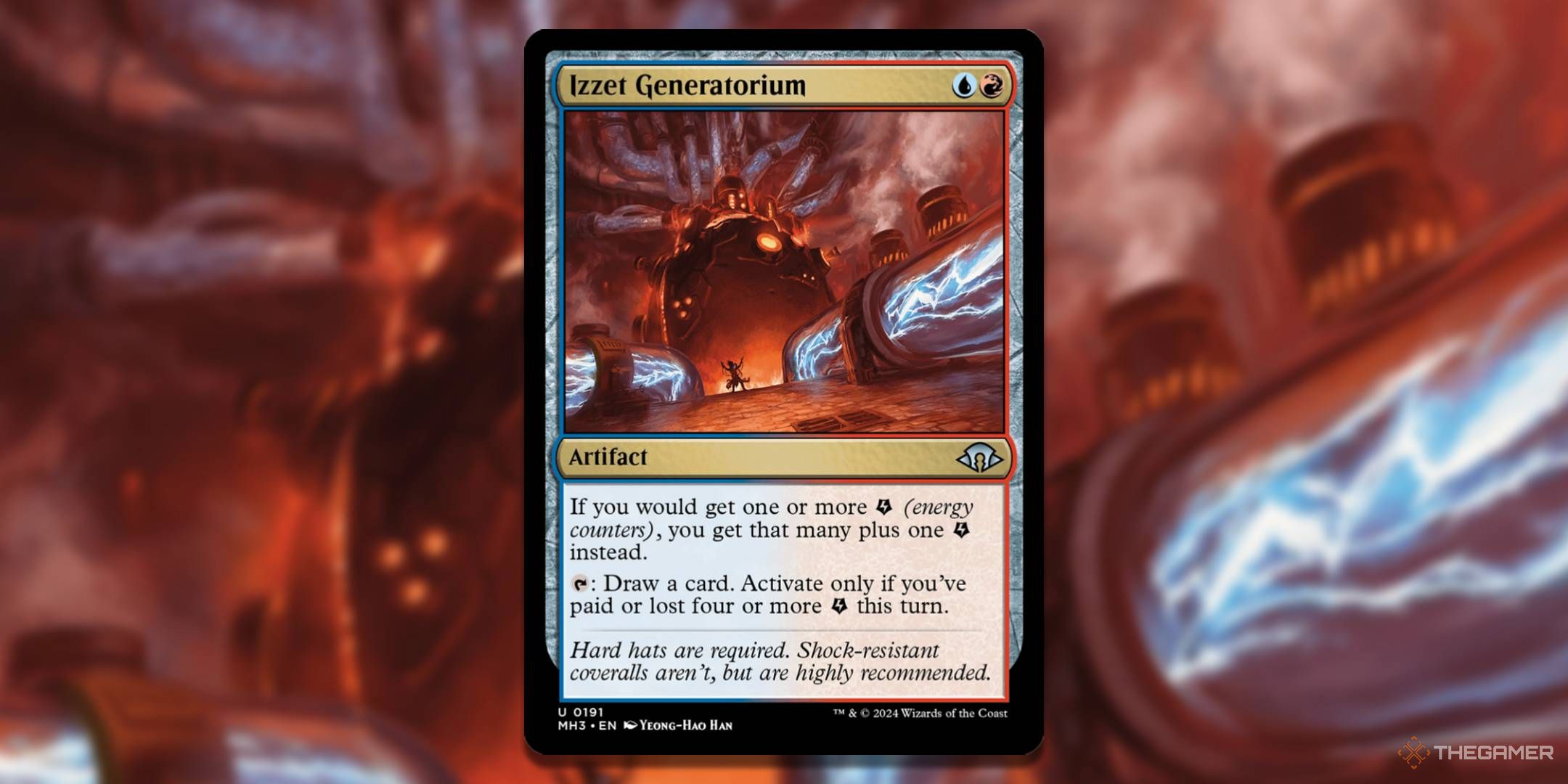 MTG Izzet Generatorium card with the art in the background.