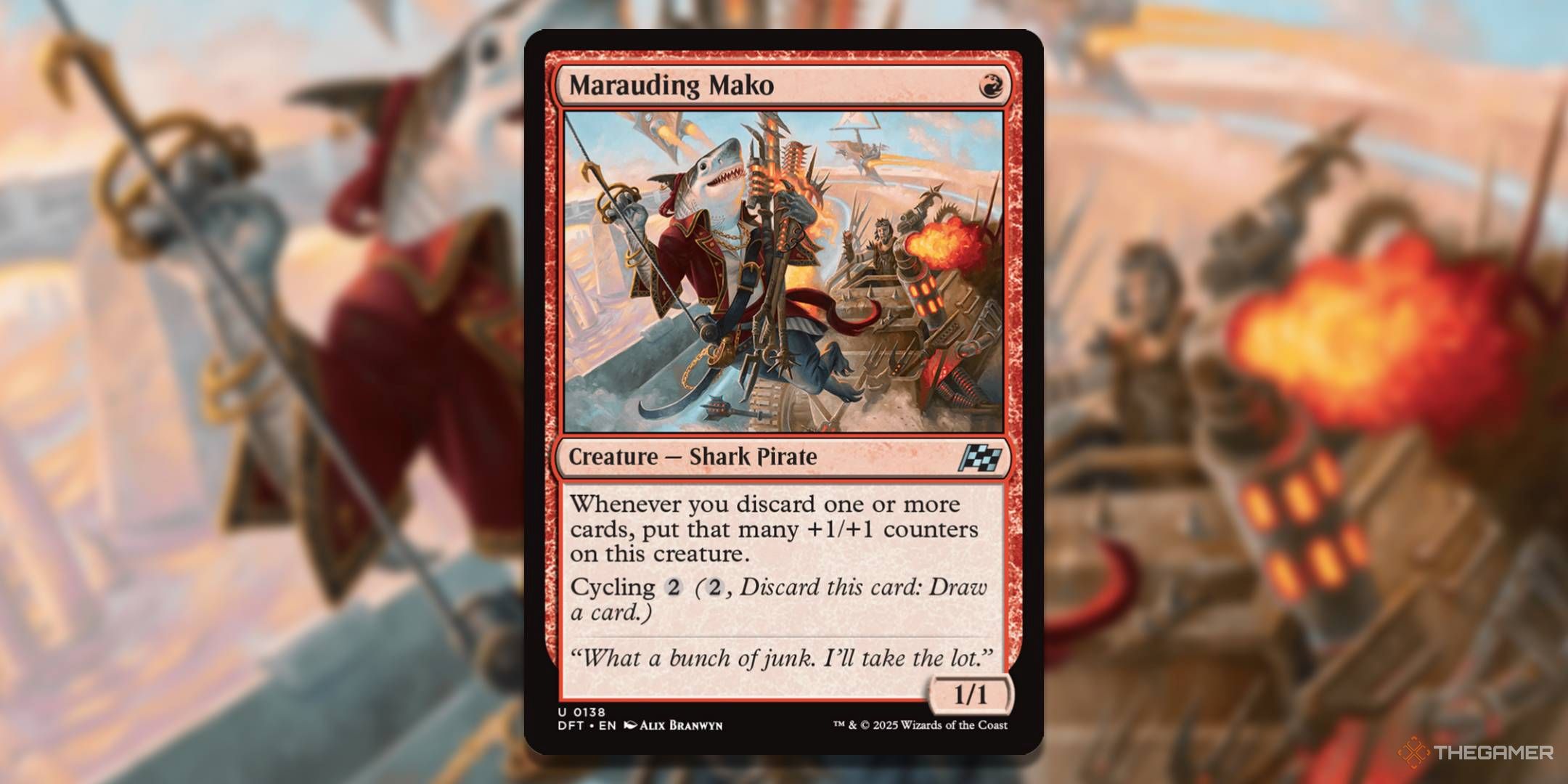 MTG Marauding Mako card with the art in the background.