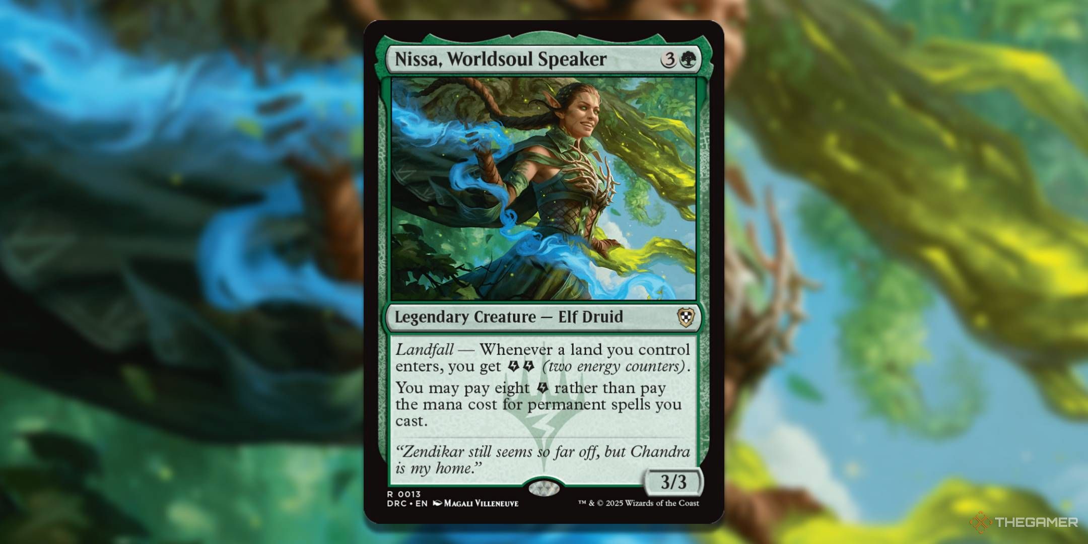 MTG Nissa, Worldsoul Speaker card with the art in the background.