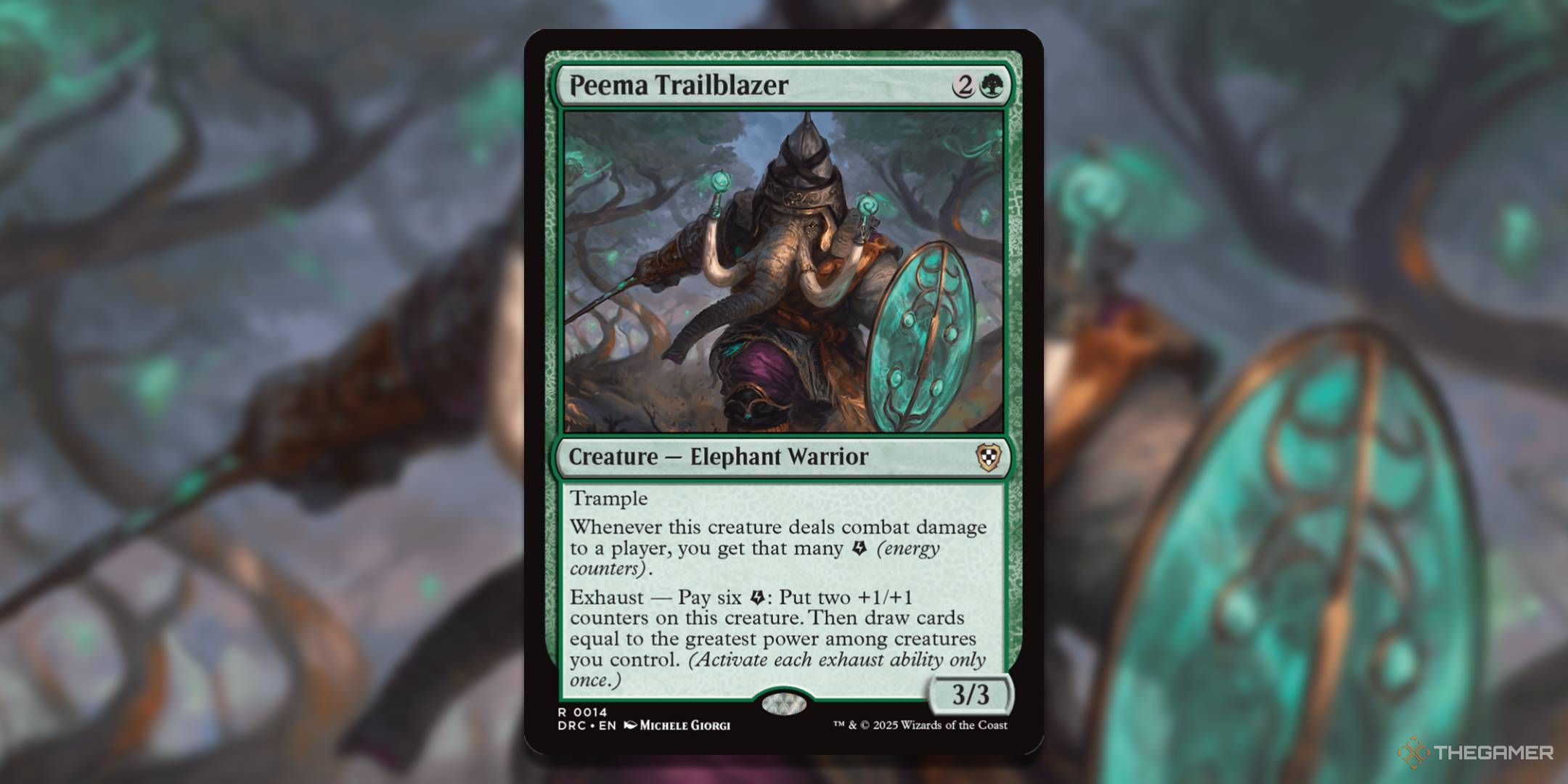 MTG Peema Trailblazer card with the art in the background.