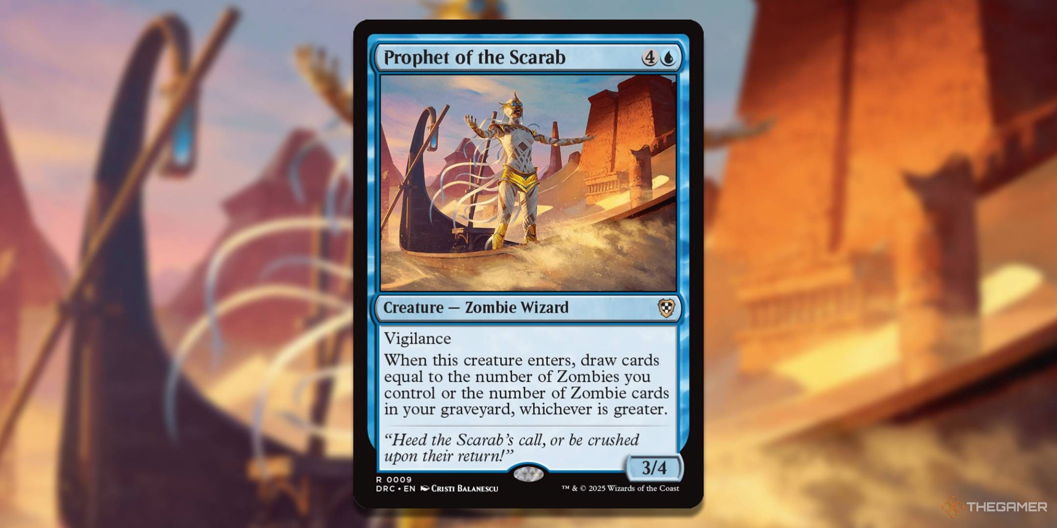 MTG Prophet of the Scarab card with the art in the background.