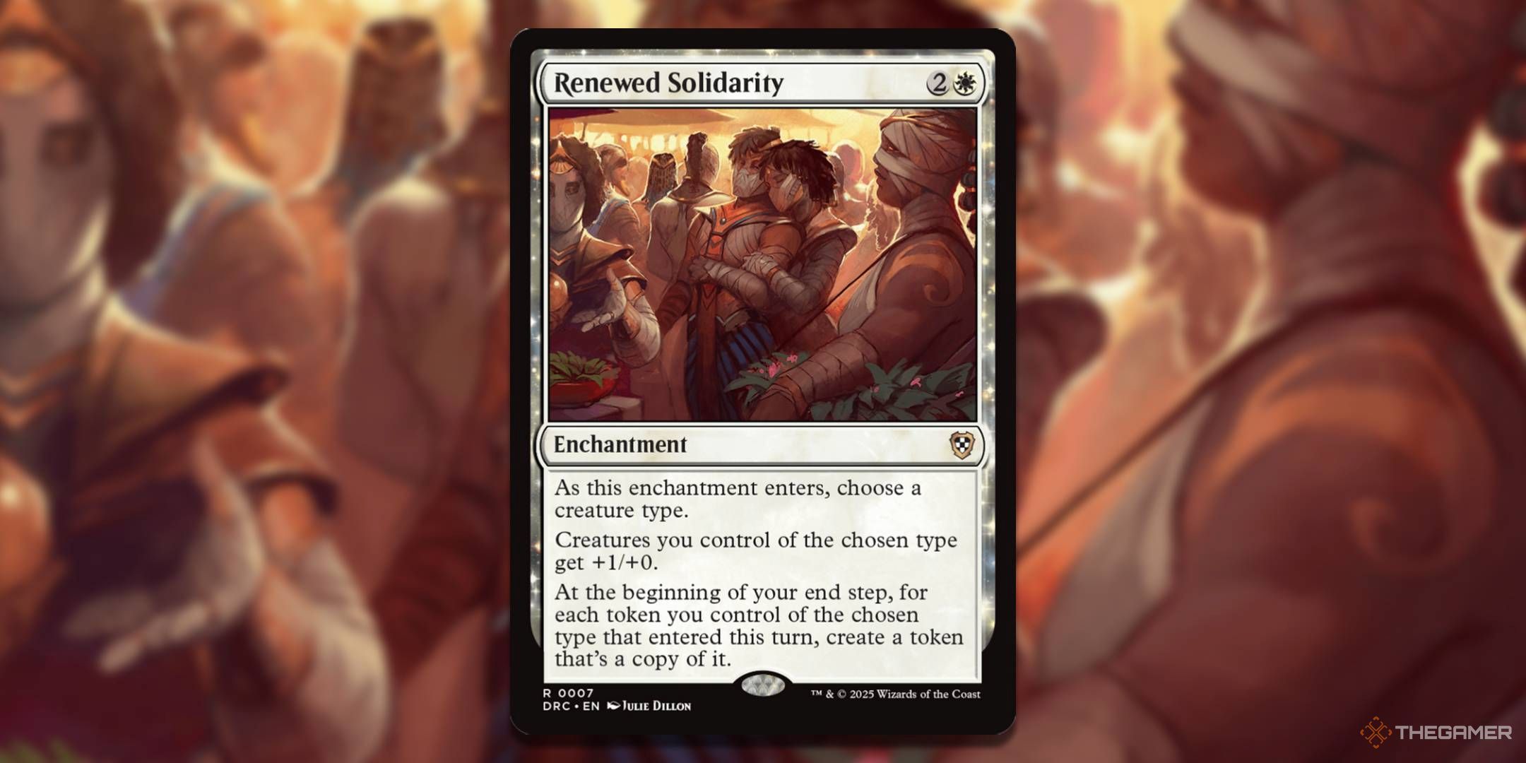 MTG Renewed Solidarity card with the art in the background.