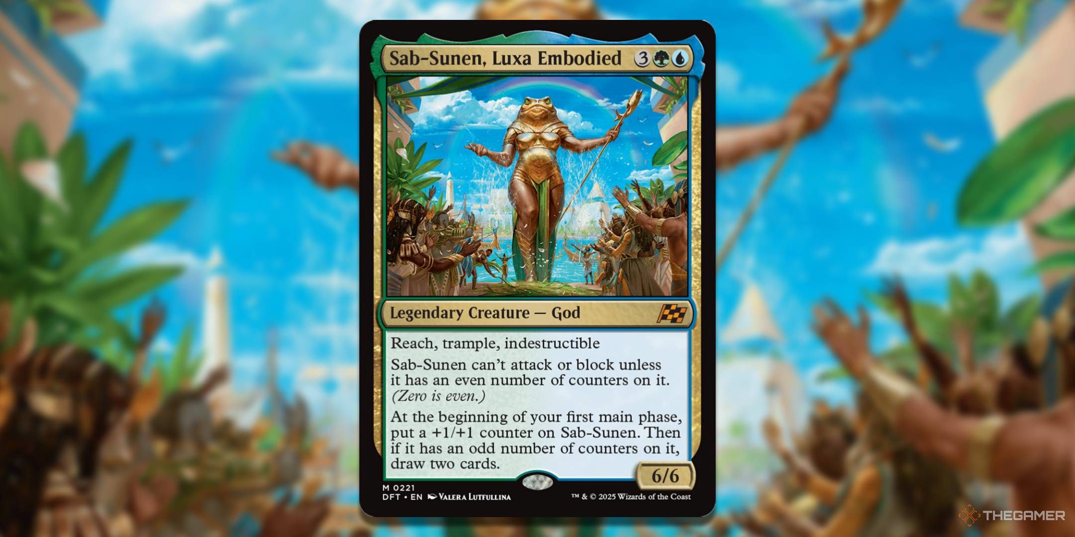 MTG Sab-Sunen, Luxa Embodied card with the art in the background.