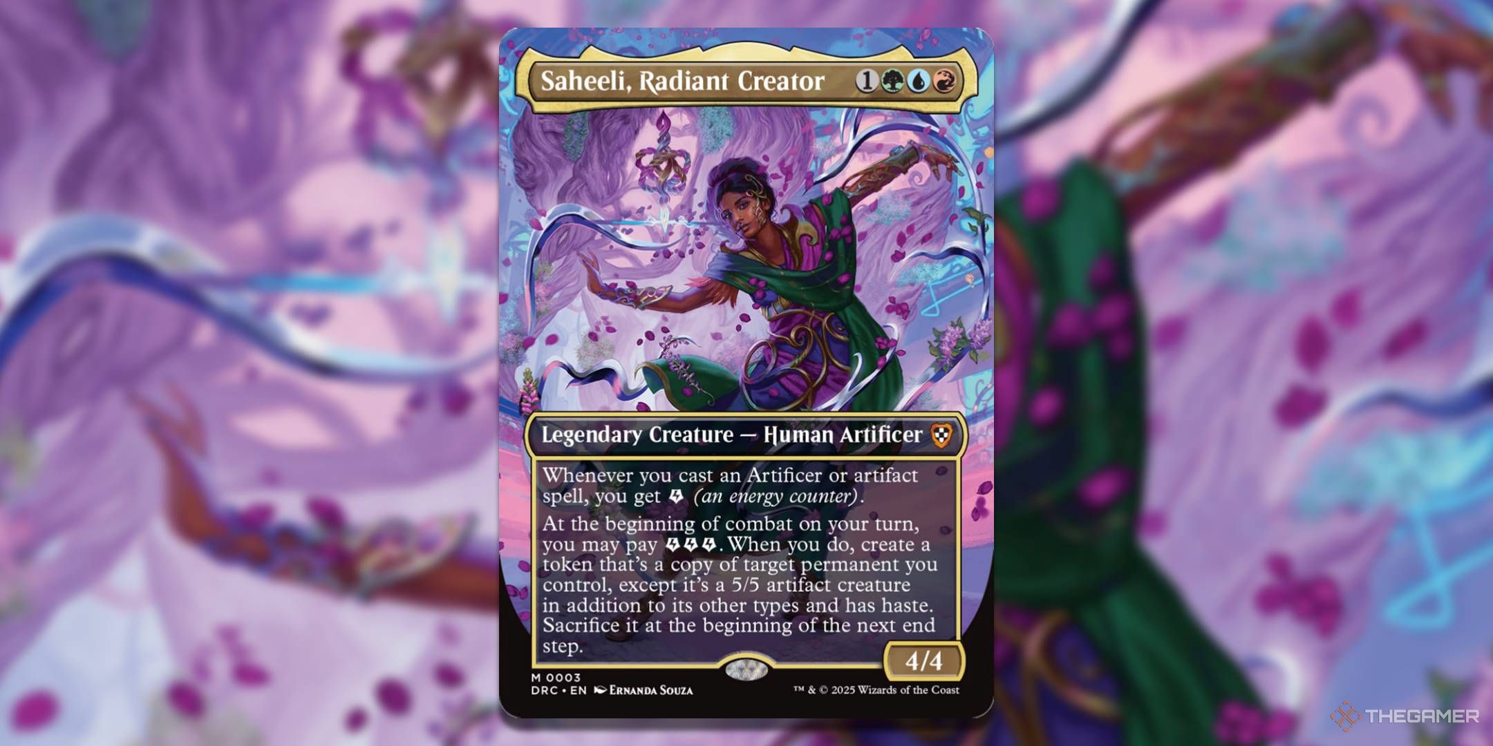 MTG Saheeli, Radiant Creator card with the art in the background.