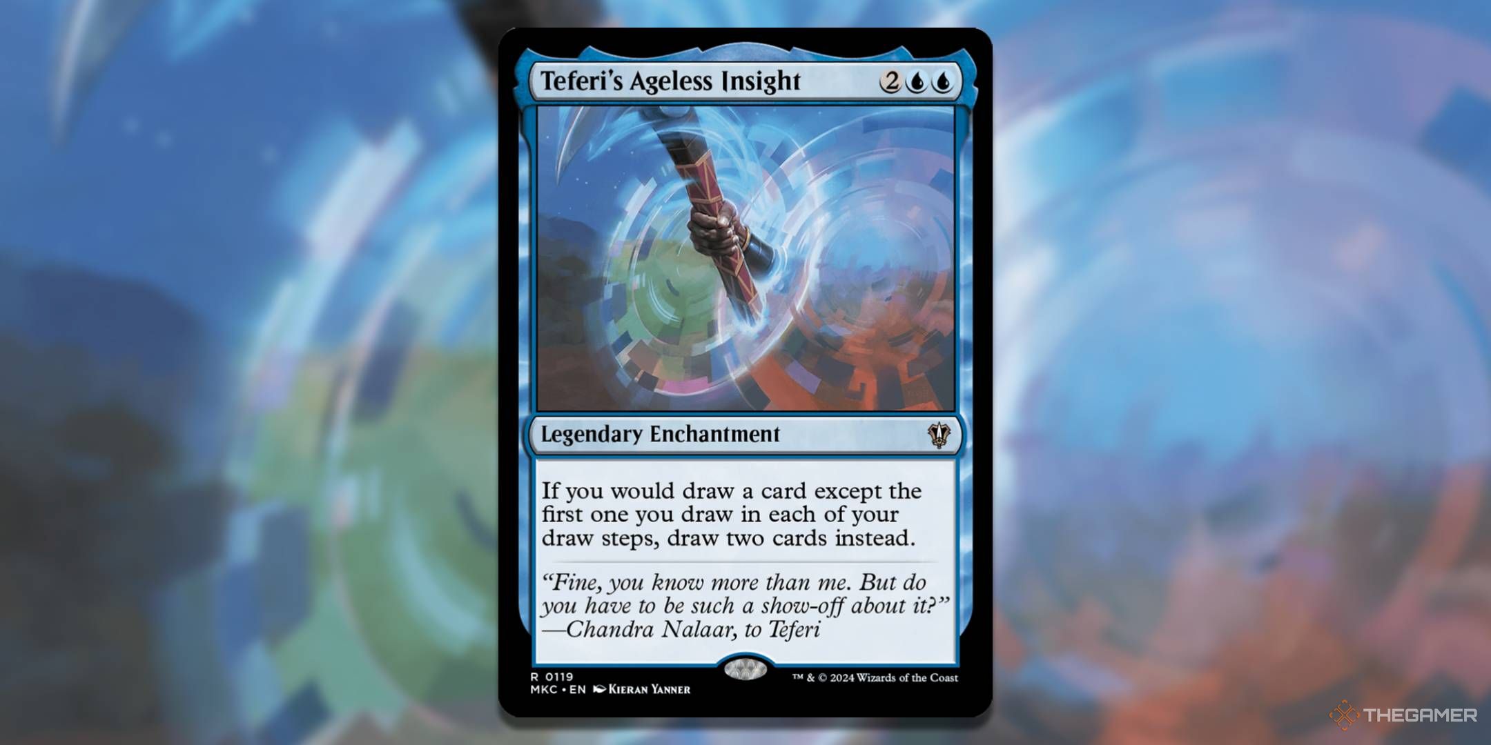 MTG Teferi&rsquo;s Ageless Insight card with the art in the background.