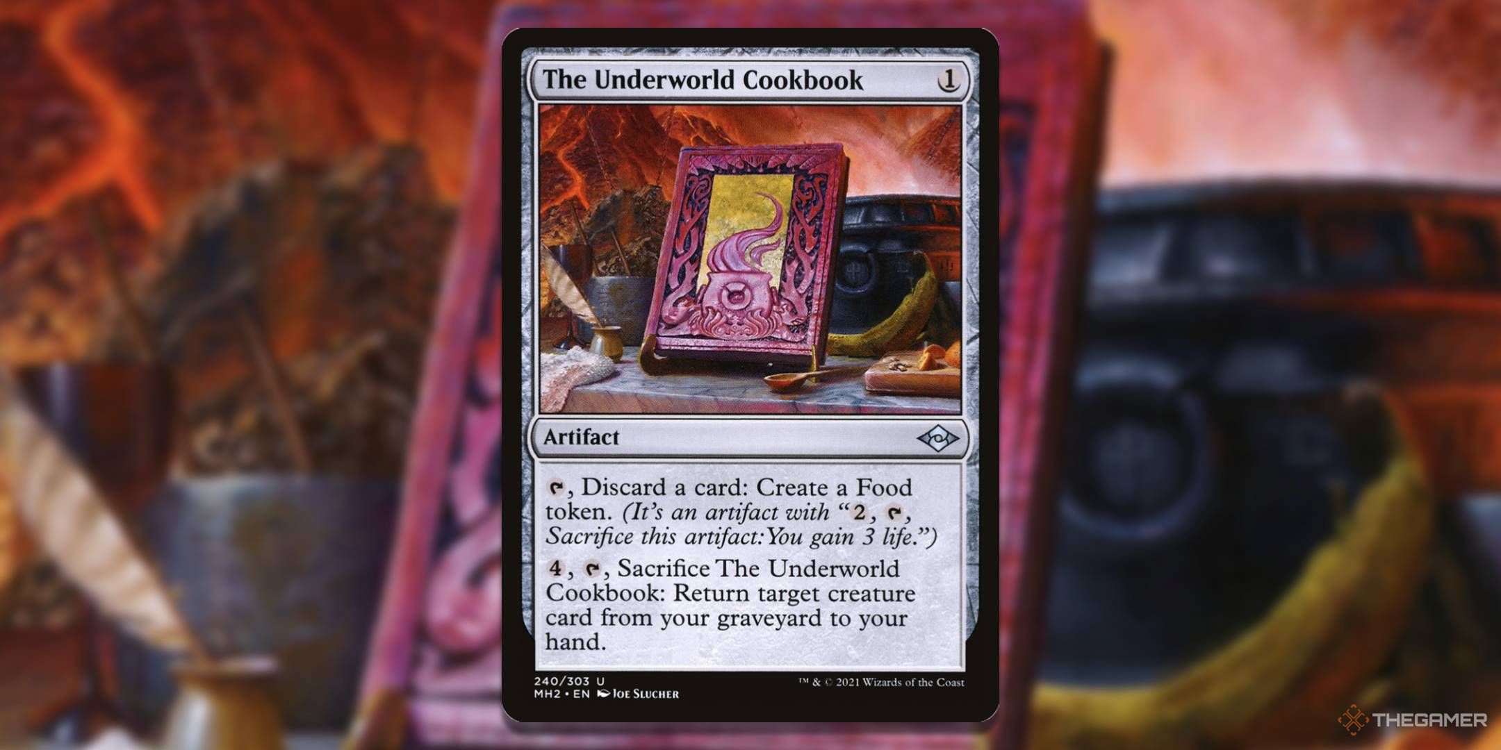 MTG The Underworld Cookbook card with the art in the background.