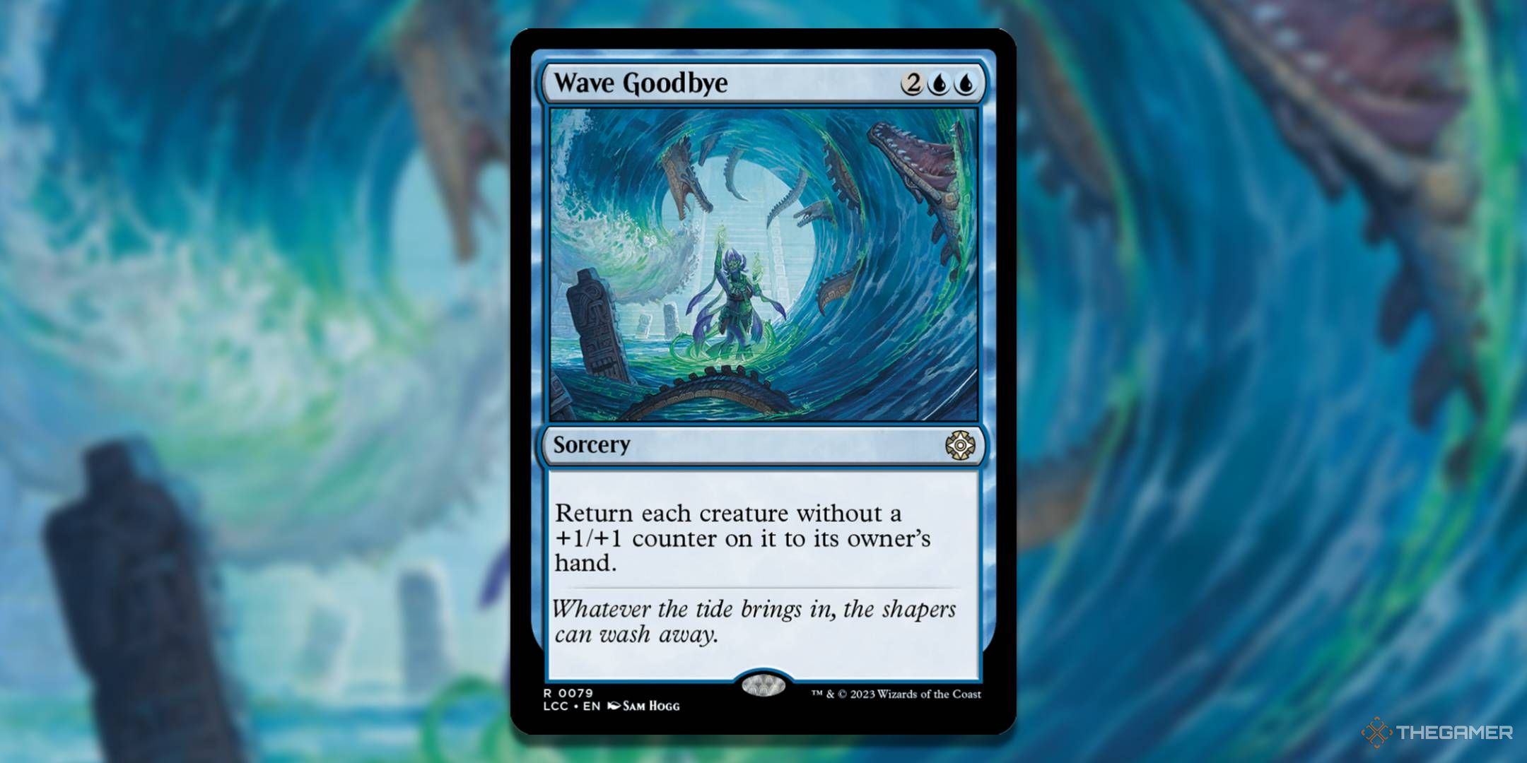 MTG Wave Goodbye card with the art in the background.