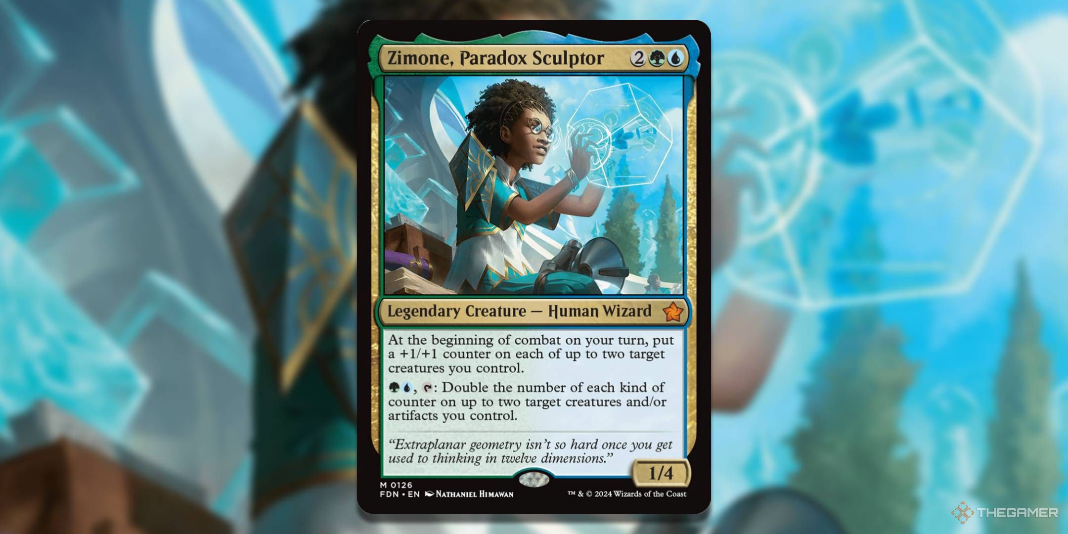 MTG Zimone, Paradox Sculptor card with the art in the background.