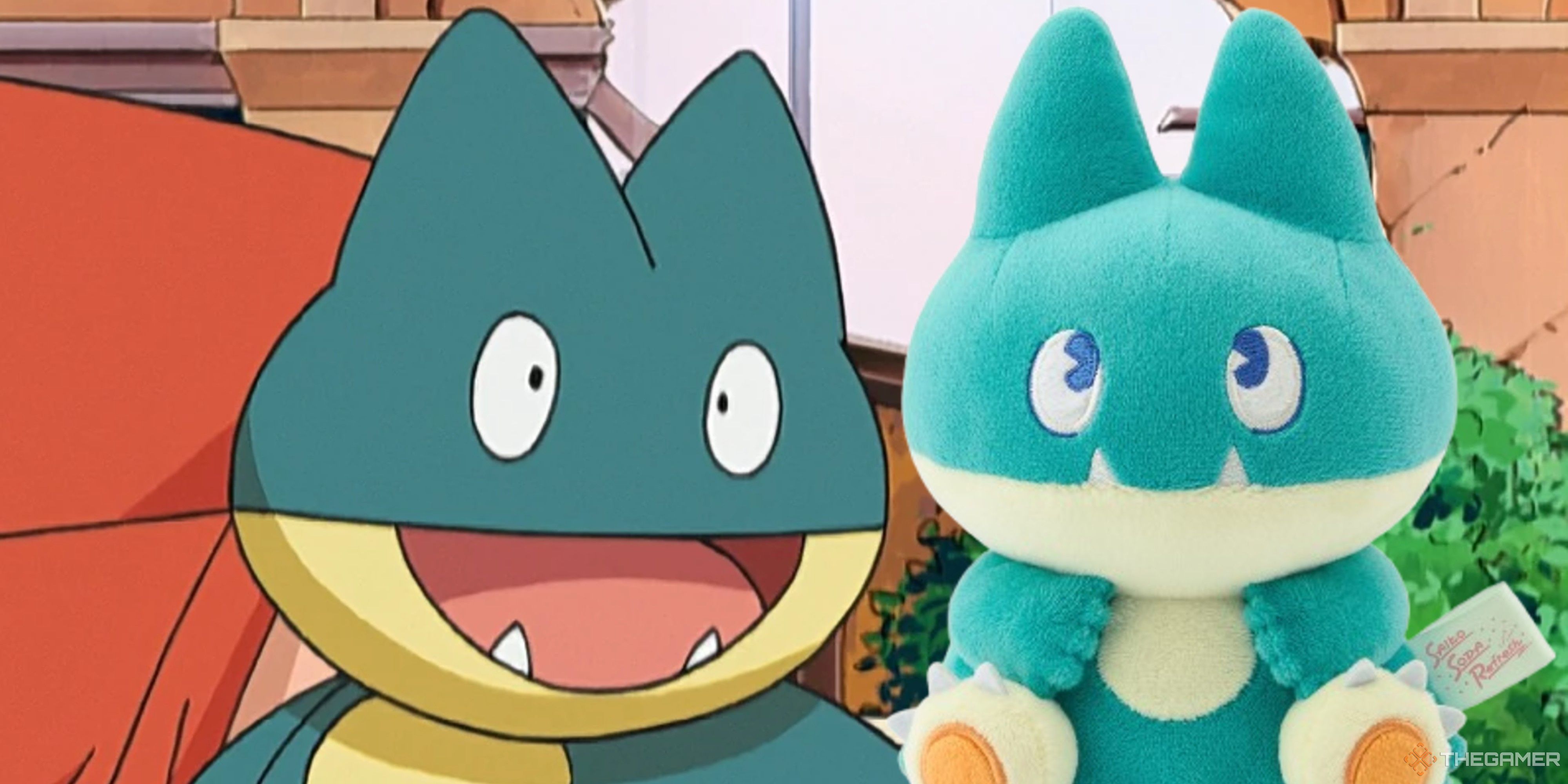 munchlax next to a pokemon munchlax soda pop plush.