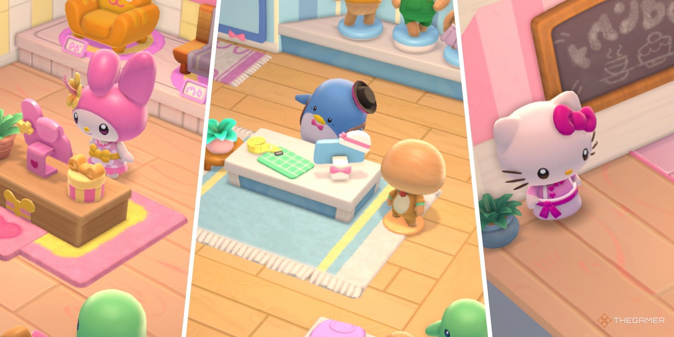 My Melody, Tuxedosam. and Hello Kitty are shown in Hello Kitty Island Adventure.