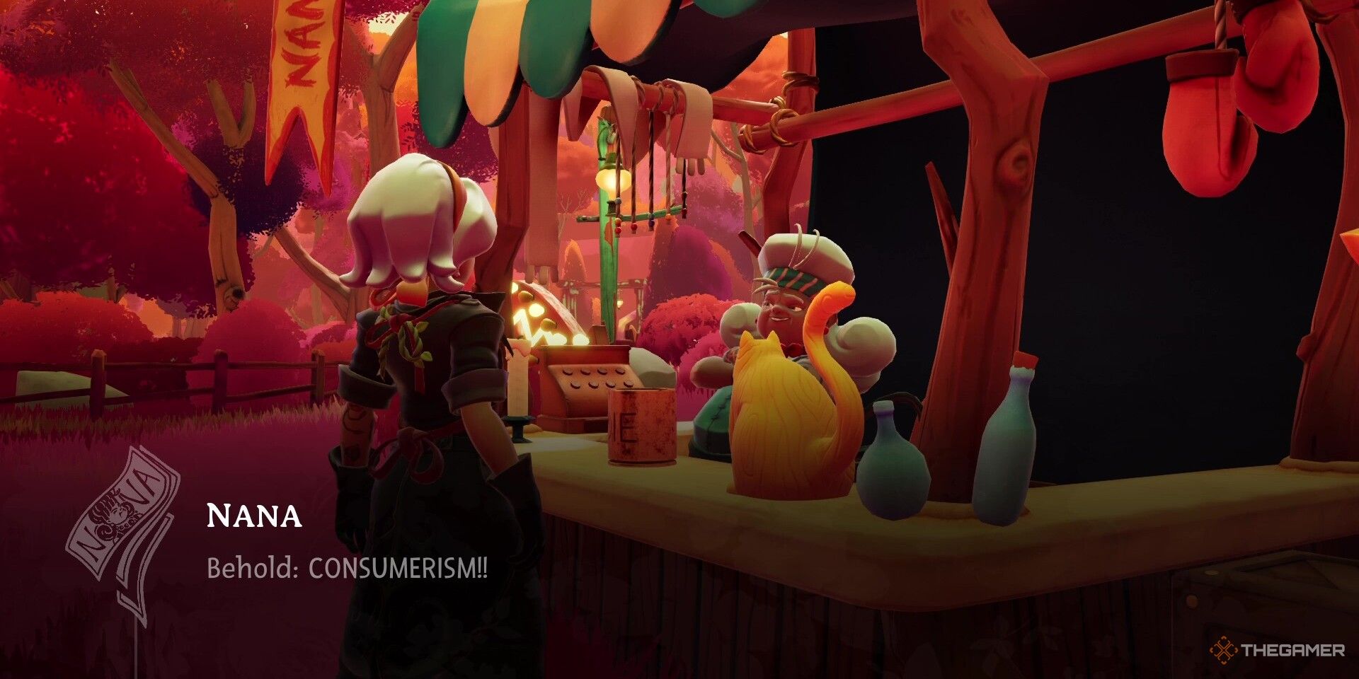 Nana at her shop in Wanderstop, saying, &ldquo;Behold: CONSUMERISM!!&rdquo; to Alta.