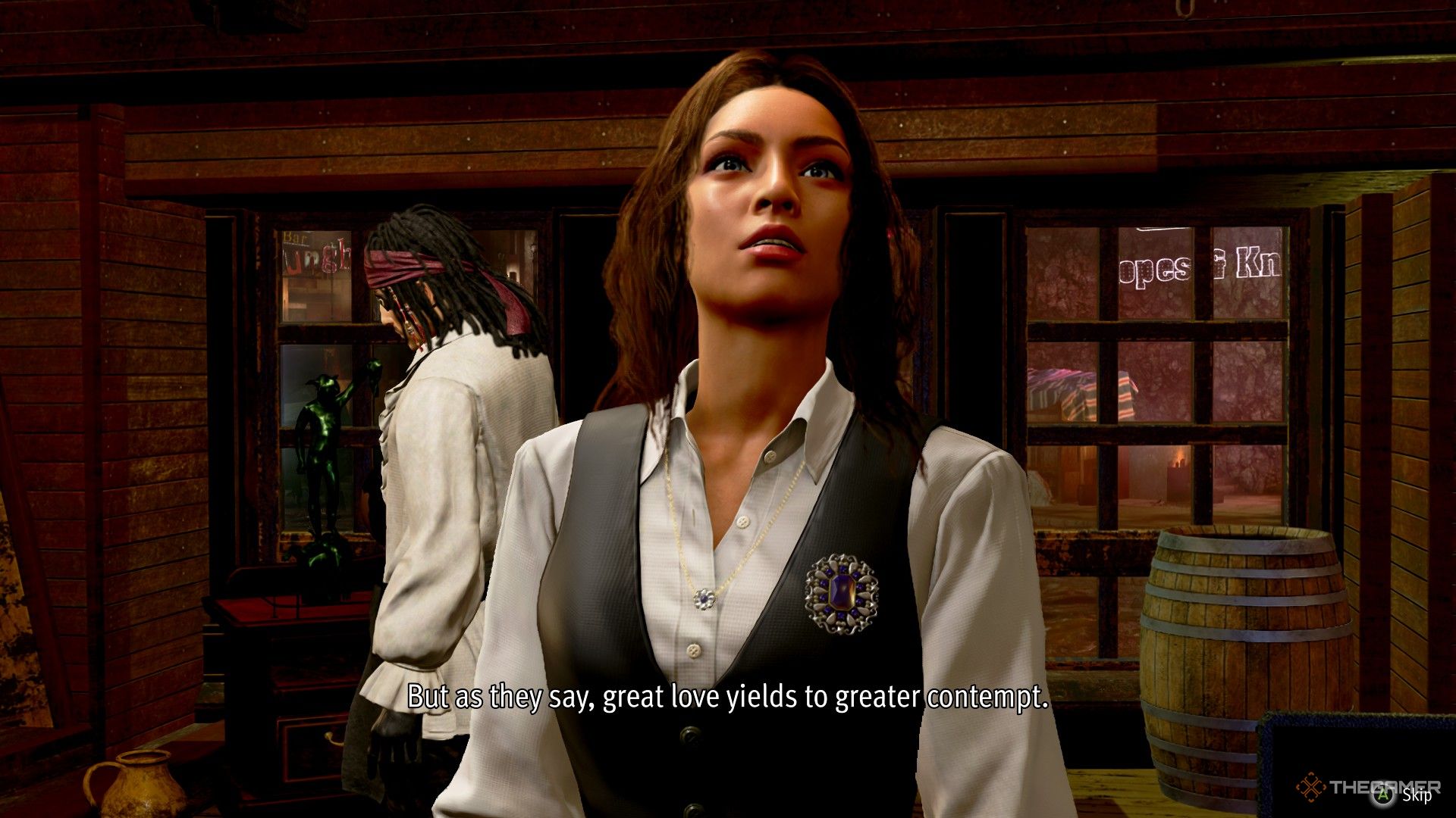 Naomi is talking to Majima in Like A Dragon Pirate Yakuza In Hawaii.