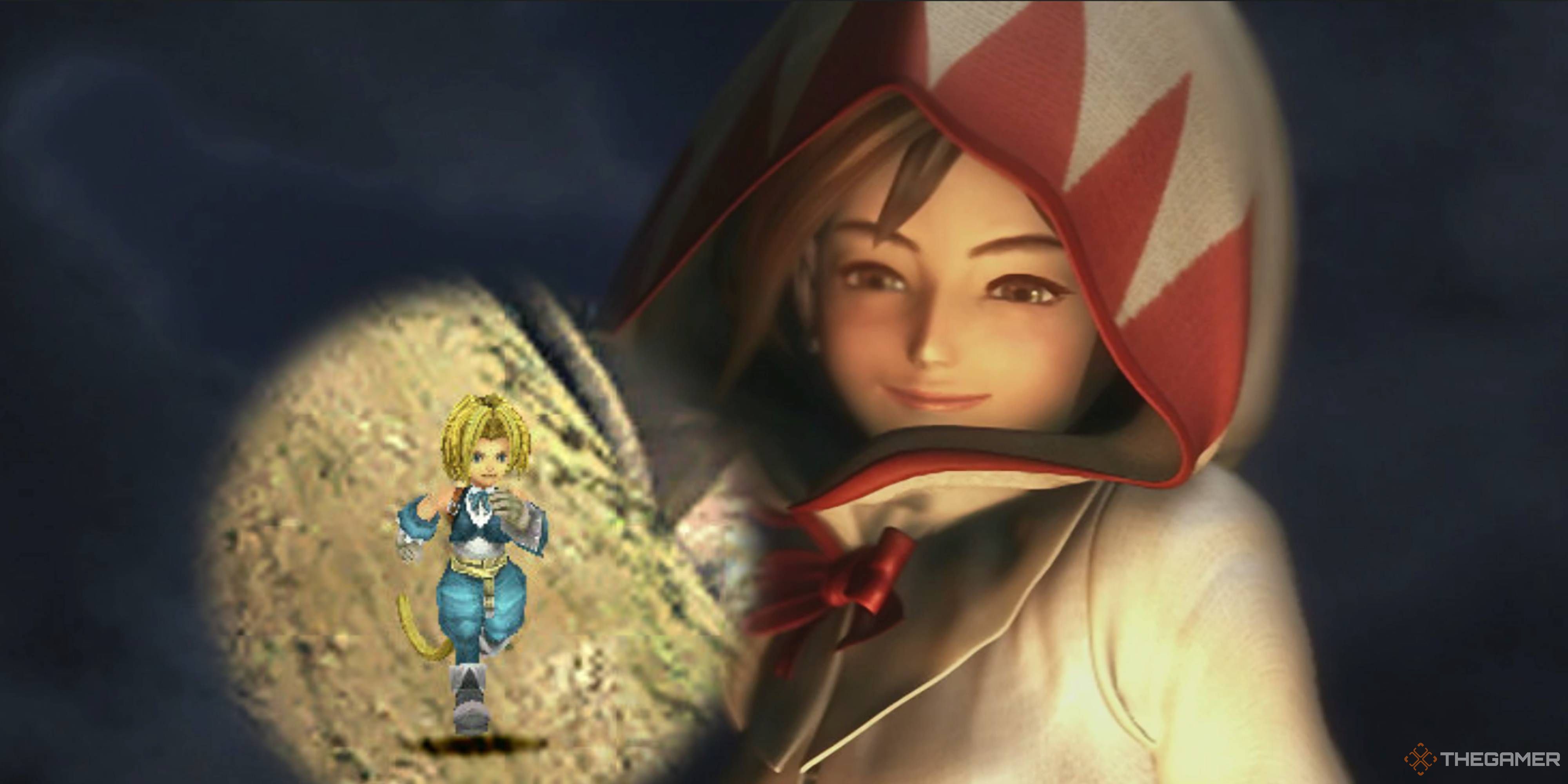 final fantasy 9 character looking down at another final fantasy 9 character running inside a circle.