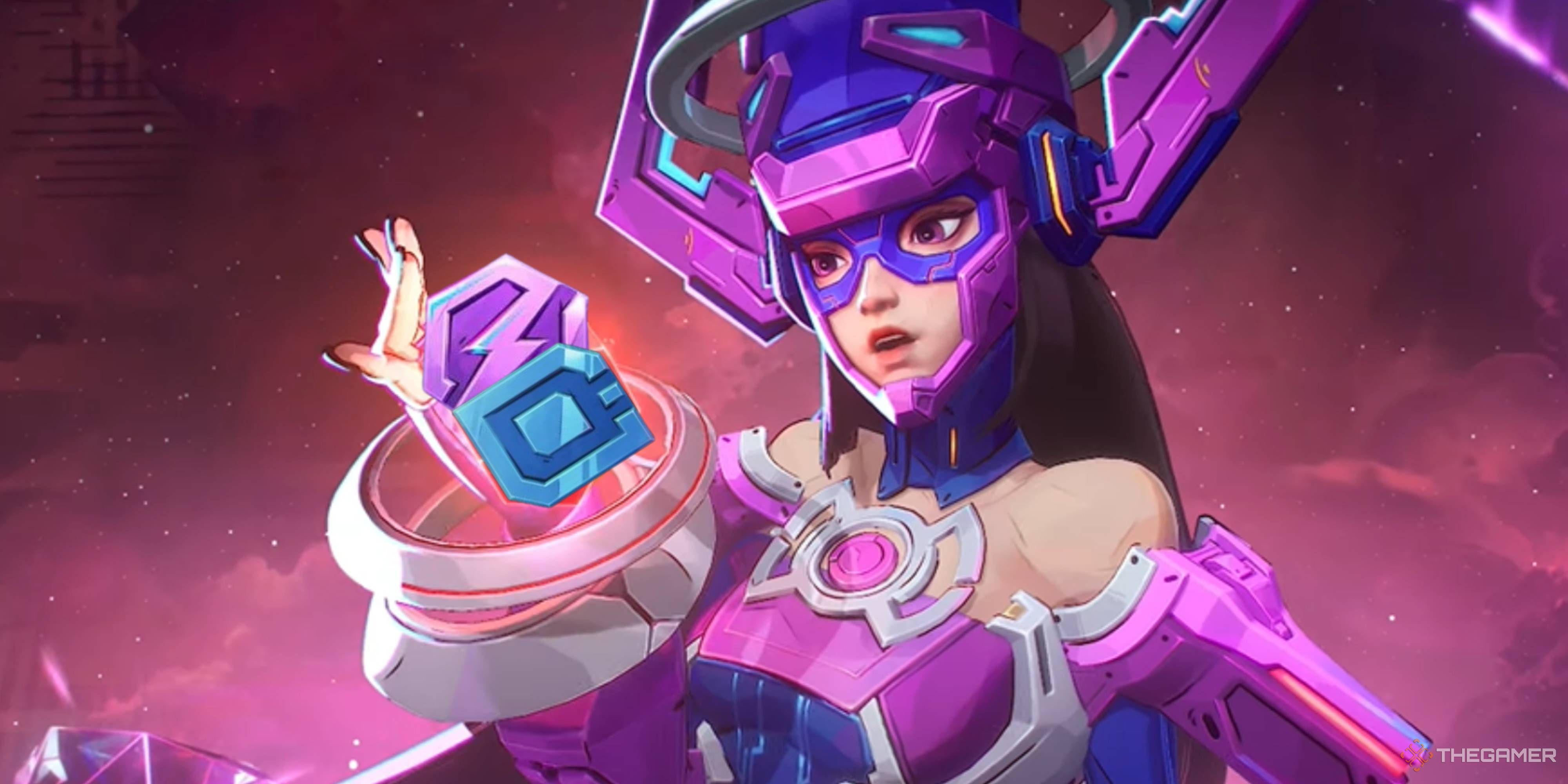 galacta holding a chrono token and a unit in her hand in marvel rivals.