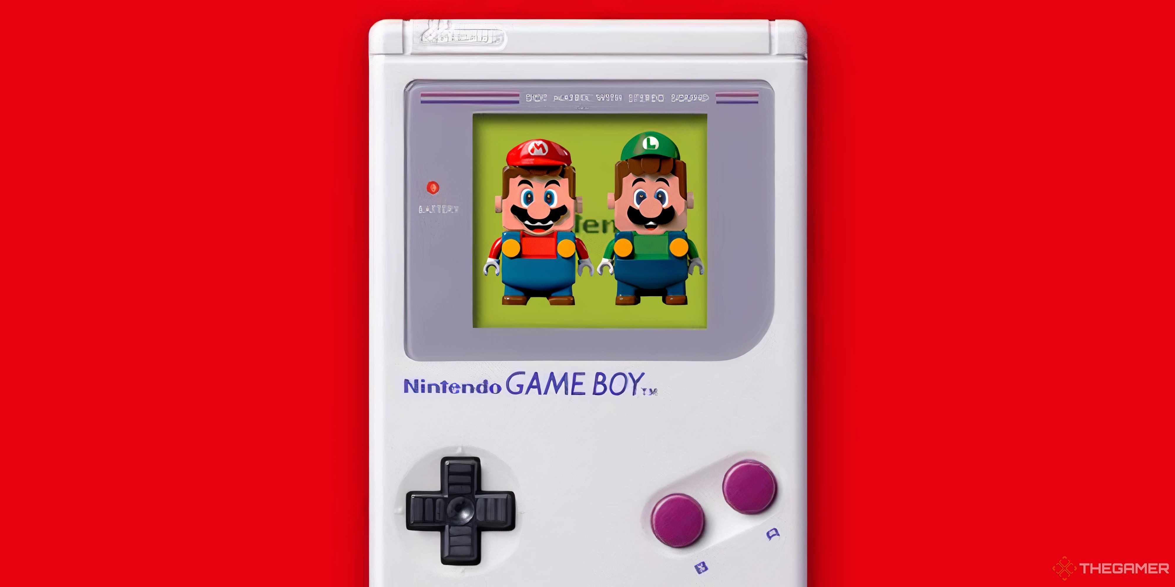 lego mario and luigi on a game boy screen on a red background.