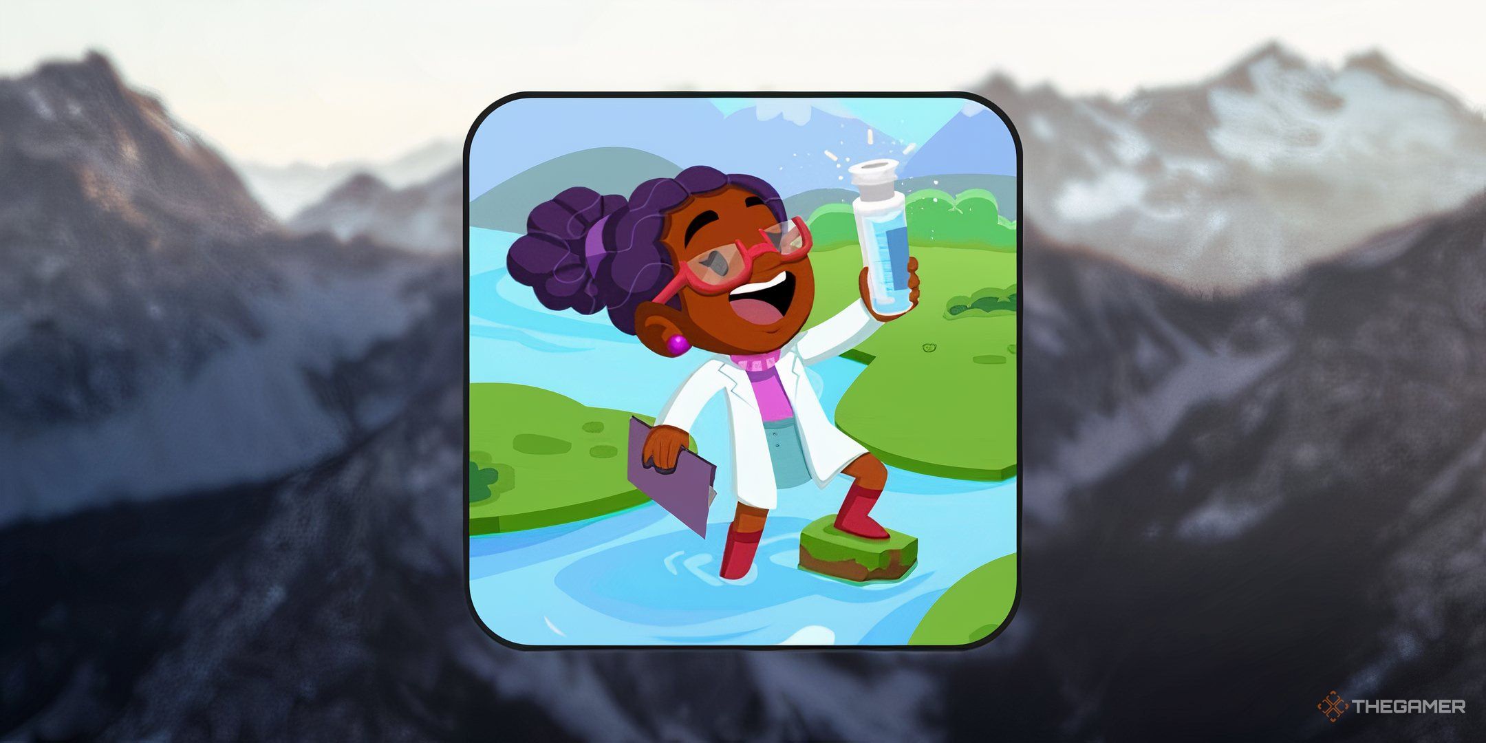 One of the characters from Monopoly Go collecting water samples from a mountain stream for Clean Quest in Monopoly Go.