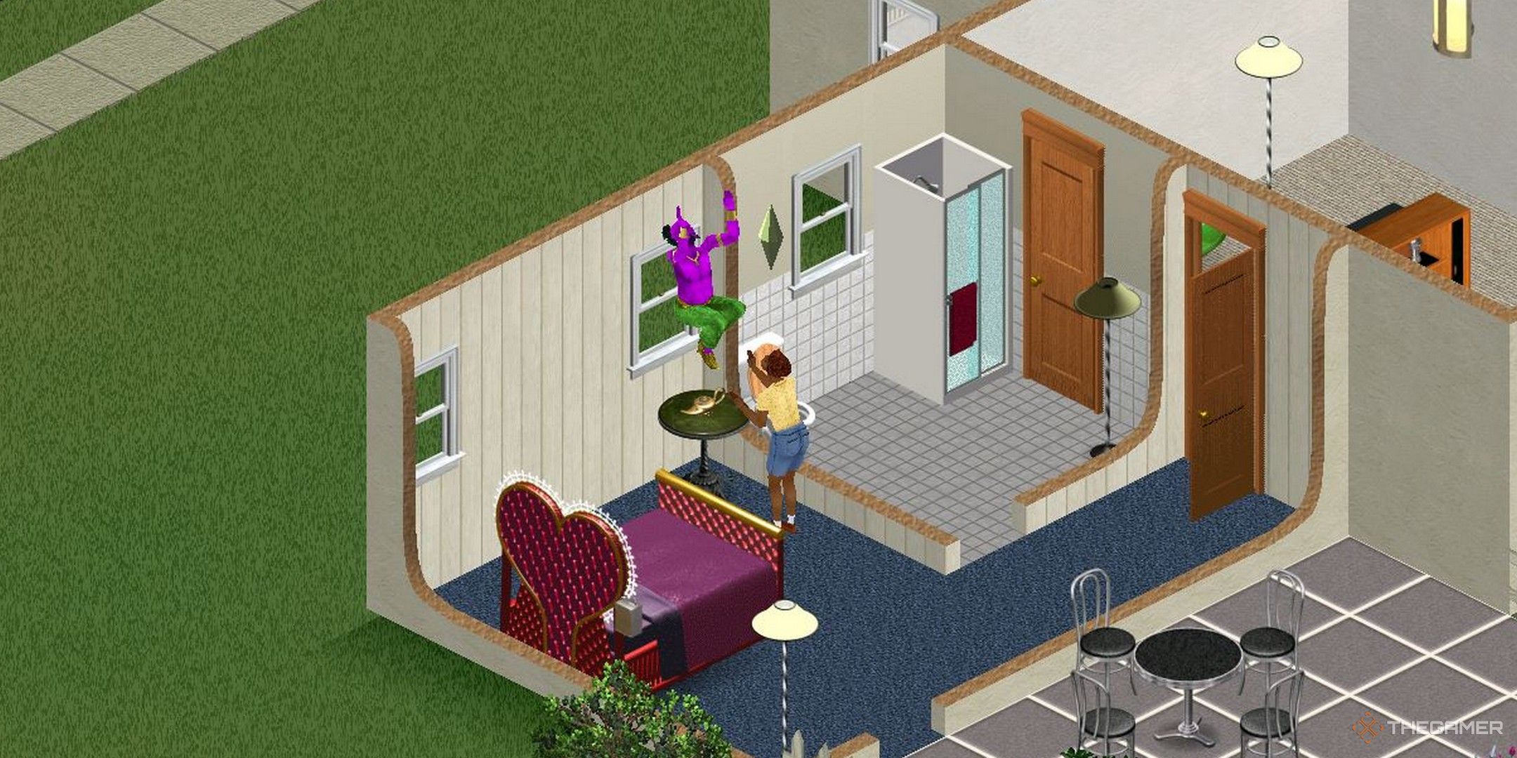 One of the Roomies talking to a Genie in The Sims.