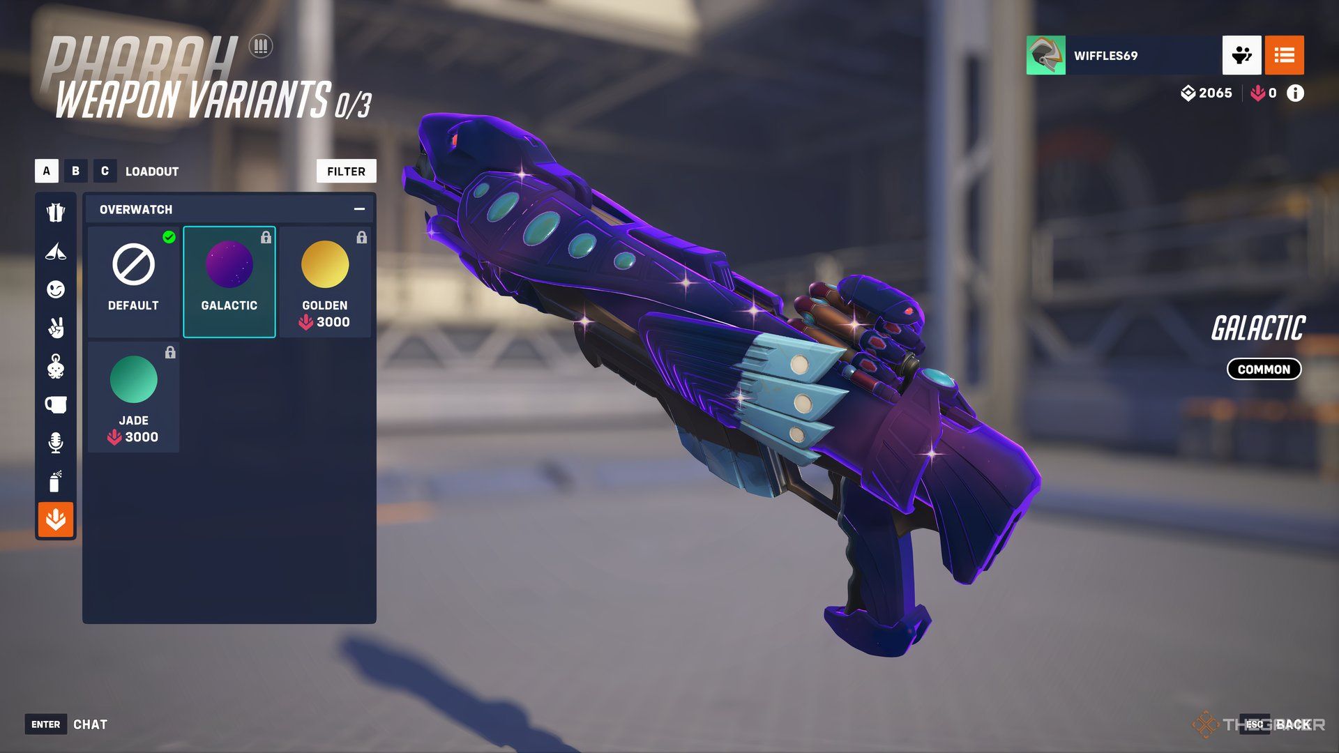 Overwatch 2 Pharah's main weapon with the purple Galactic skin applied. 