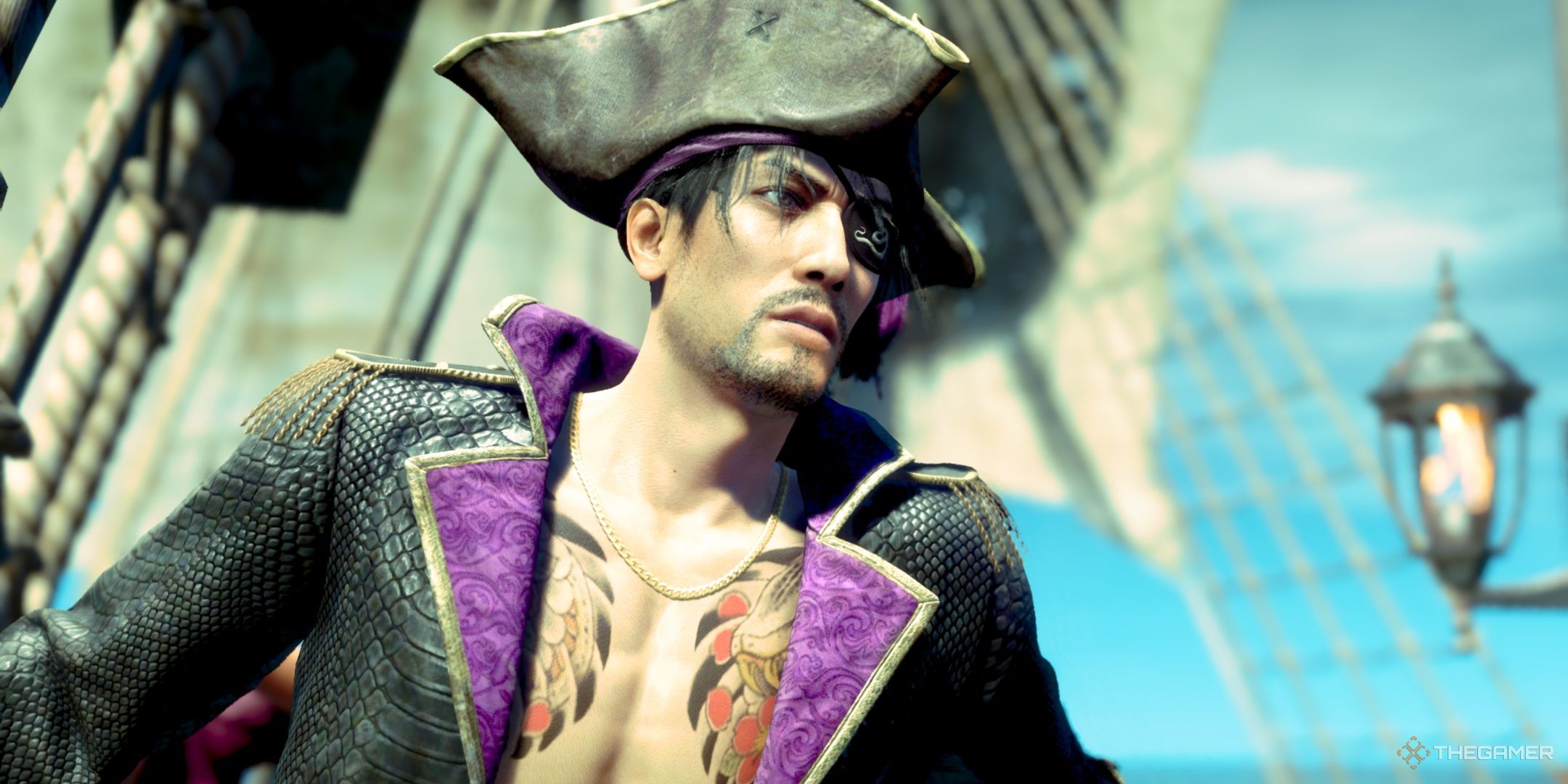 Pirate Majima looking toward the sea in Like a Dragon: Pirate Yakuza in Hawaii.