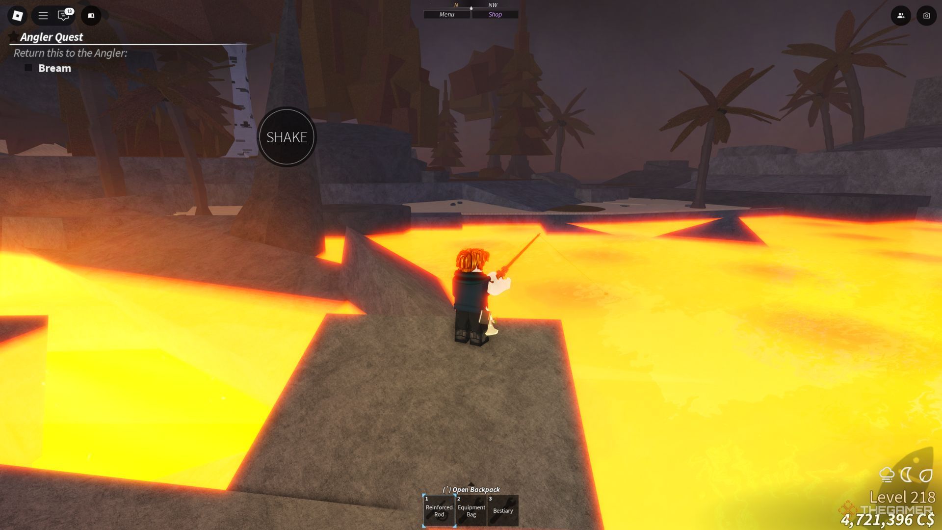 The player character is fishing in the lava pool in Rosolit area in Fisch.