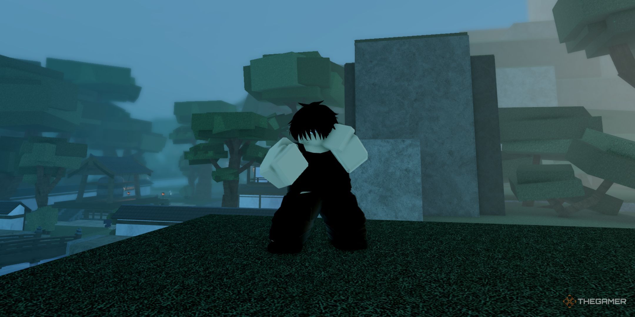 The player character stays in a fighting stance near the Jujutsu Tech area in Jujutsu Odyssey.
