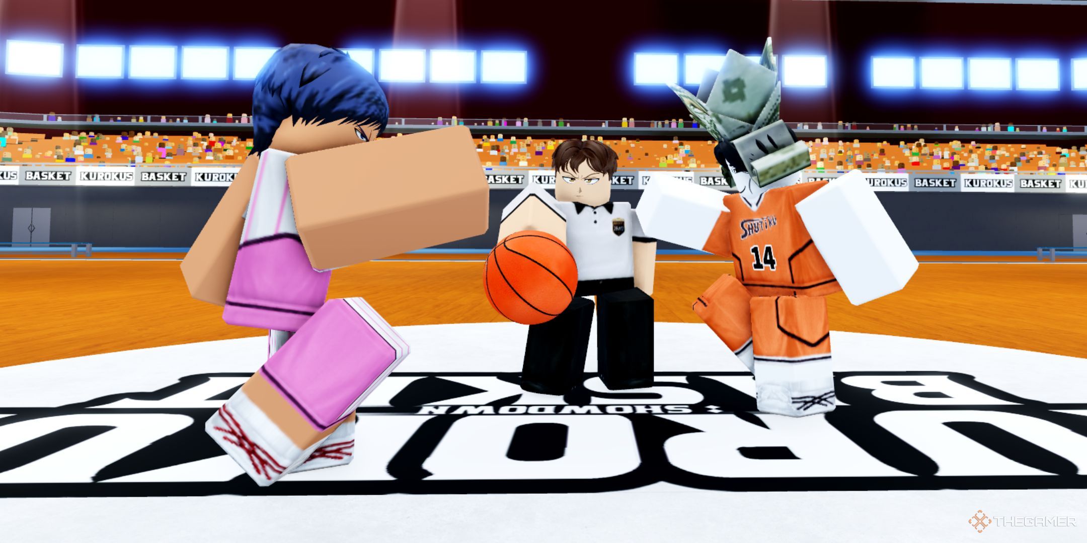 The player character shows a basketball court where multiple Roblox players play in Basketball Showdown.