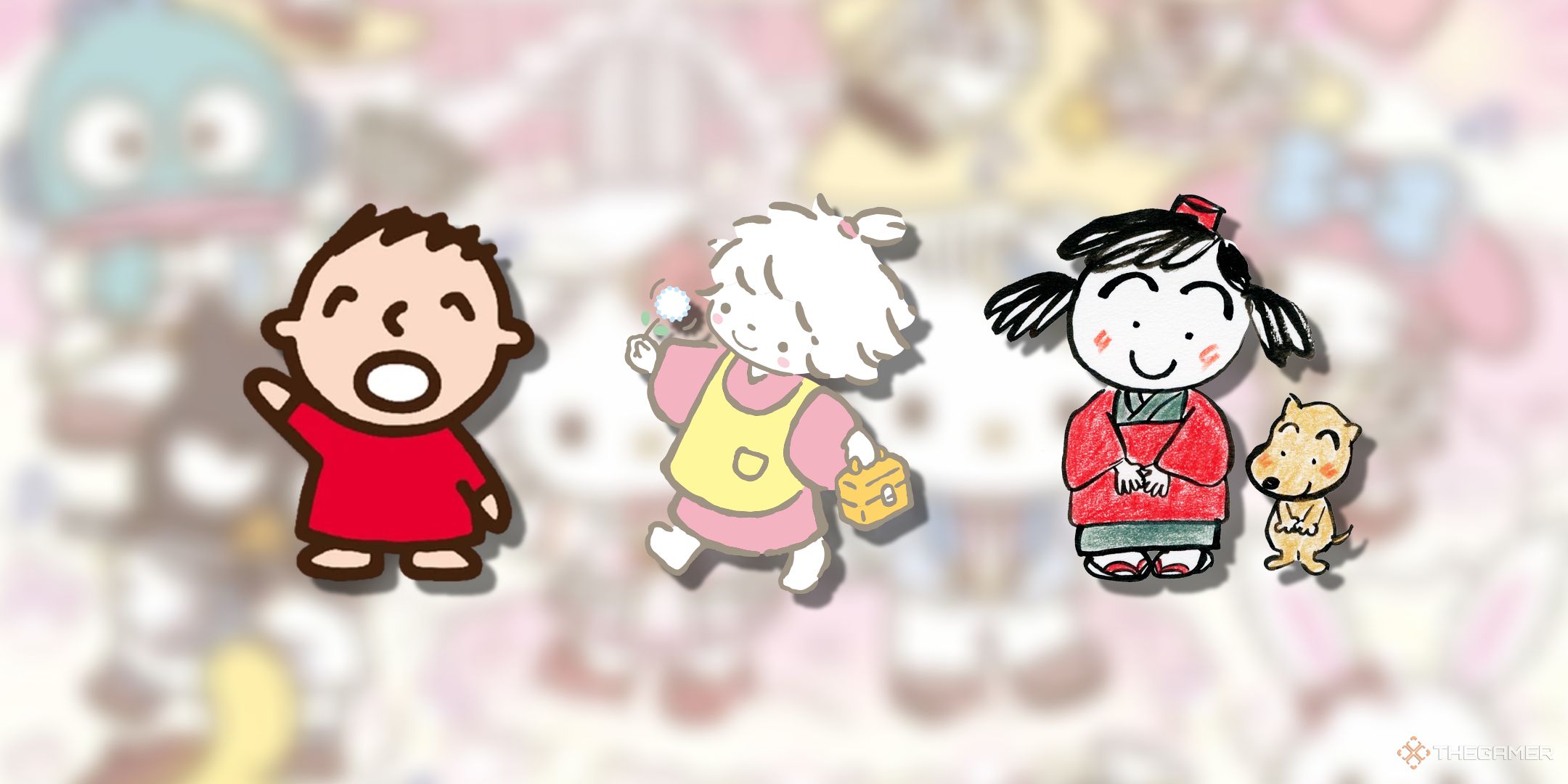 PNGs of three human Sanrio characters on a blurry Sanrio background.