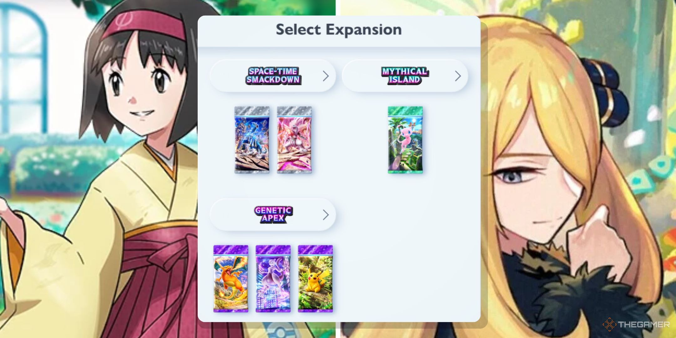 Pokemon Trading Card Game Pocket Erika and Cynthia in the background of the expansion selection screen.