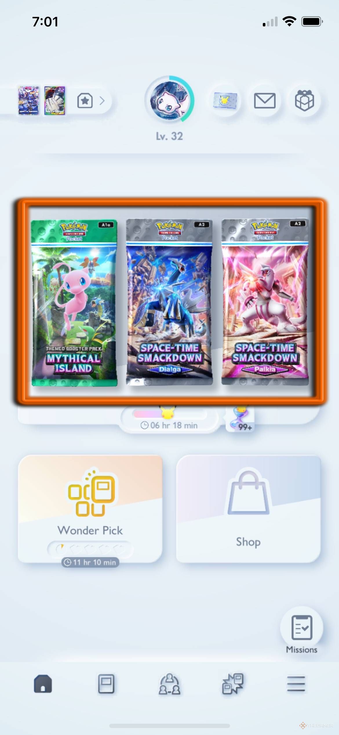 Pokemon Trading Card Game Pocket Homescreen with Mythical Island and Space-Time Smackdown expansion packs highlighted by square, indicating where to tap..