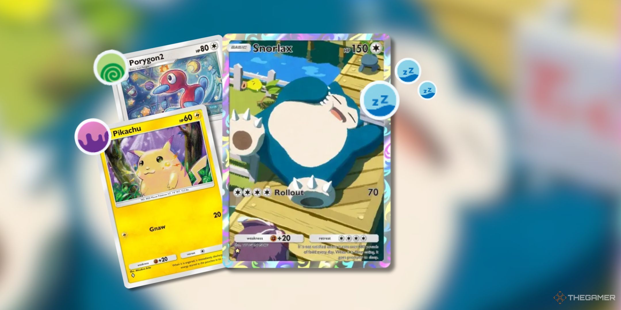 Pokemon Trading Card Game Pocket Porygon2 with Confusion status, Pikachu with Poison status, and Snorlax with Sleep status conditions on a blurred background.