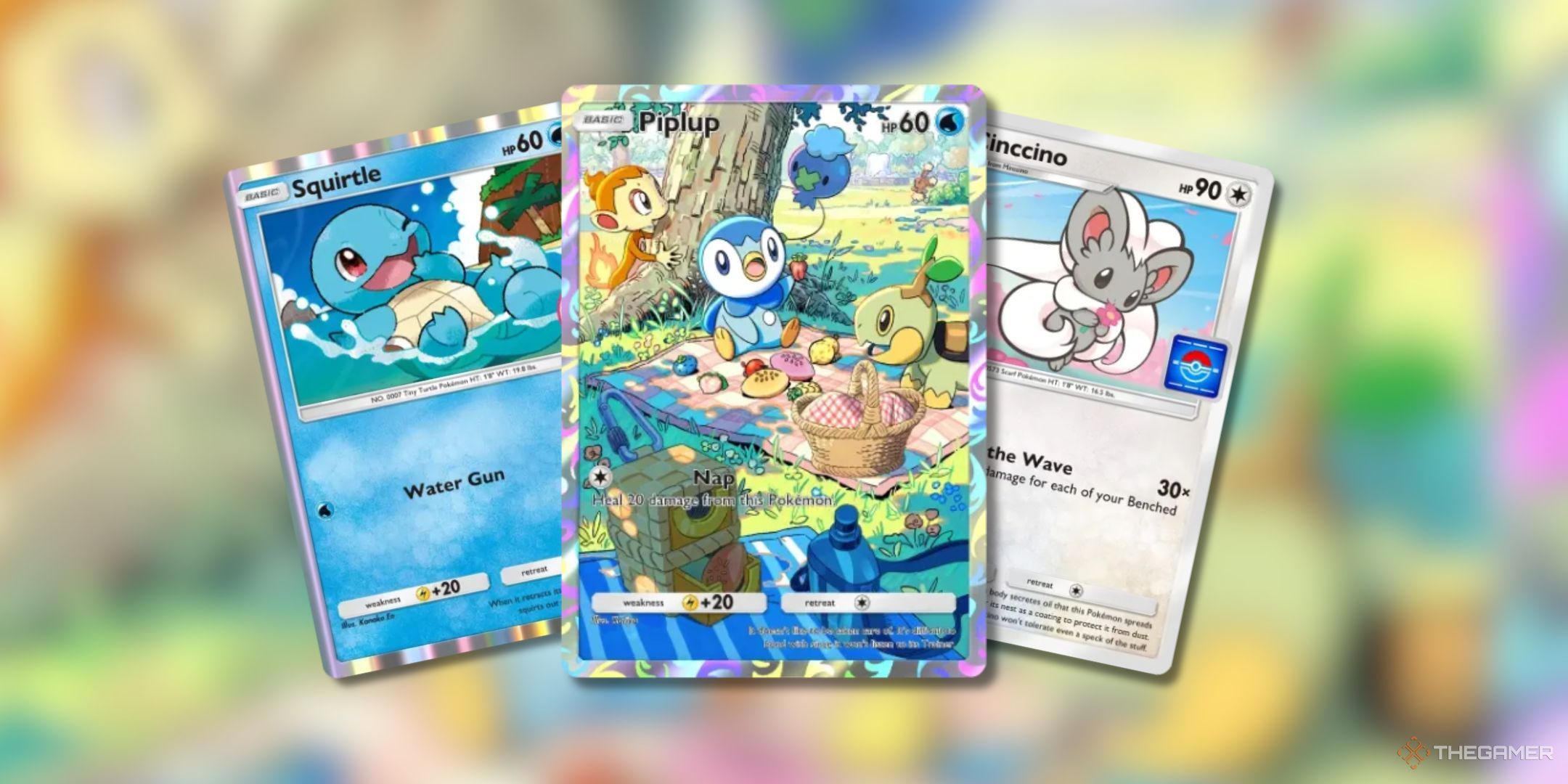 Pokemon Trading Card Game Pocket Squirtle, Piplup, and Cinccino promo cards on a blurred background.