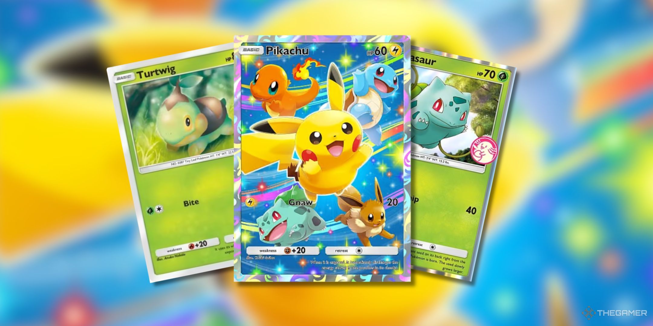 Pokemon Trading Card Game Pocket Turtwig, Pikachu, and Bulbasaur Promo Cards on a blurred background.