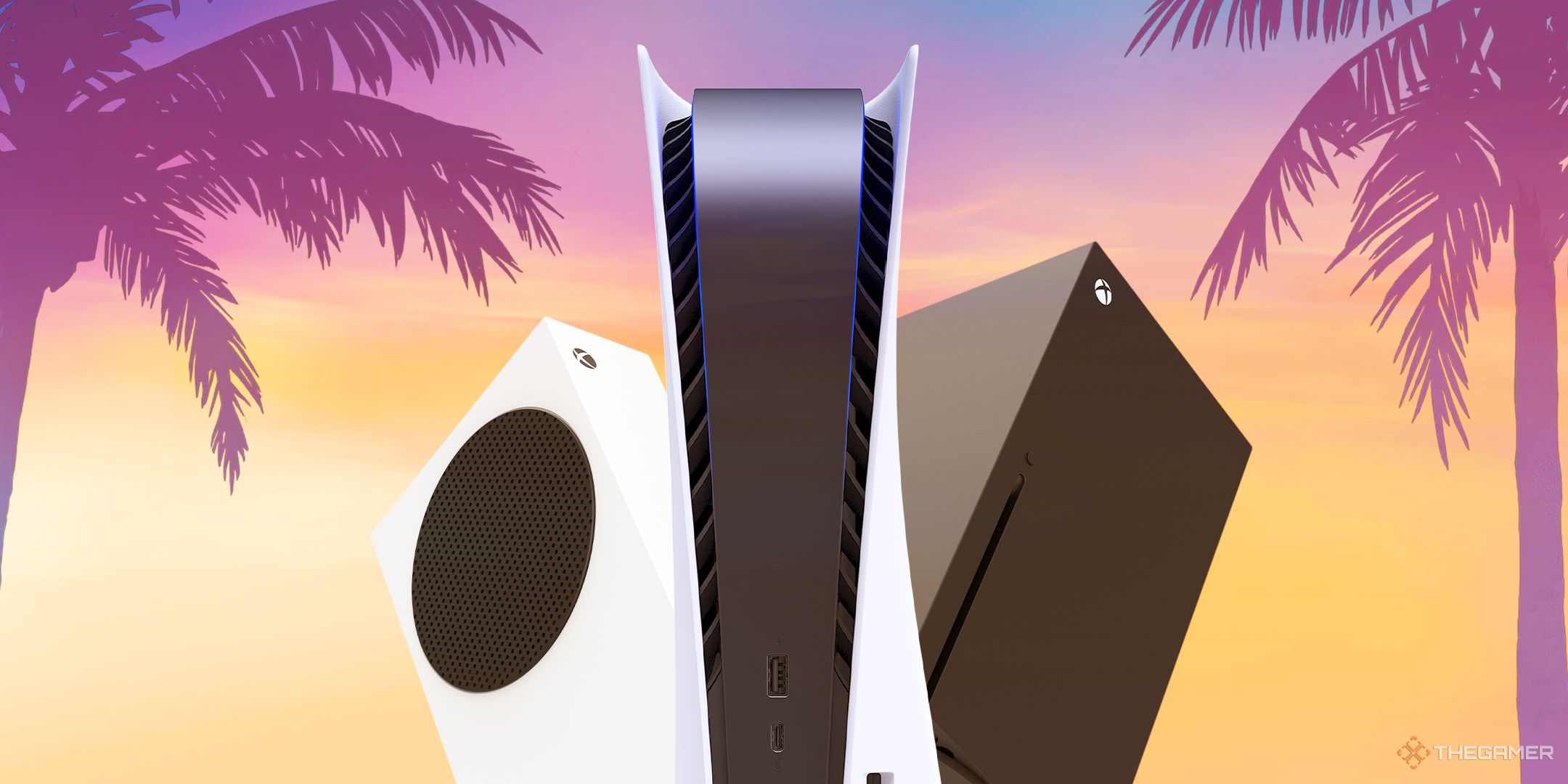 PS5 and Xbox Series X and S over a GTA 6 background with palm tree silhouettes.