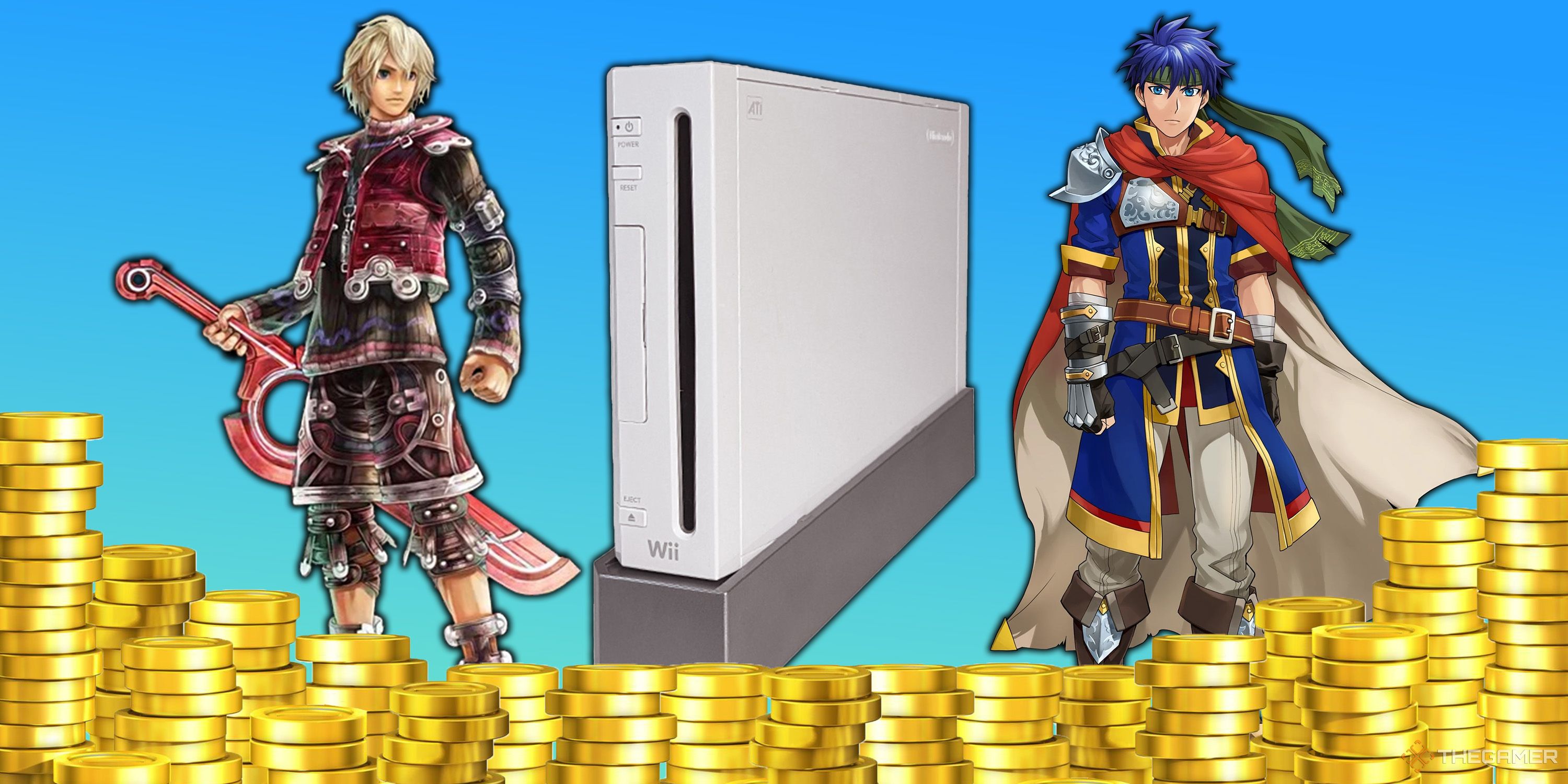 Shulk and Ike standing on either side of a Nintendo Wii while surrounded by gold coins.