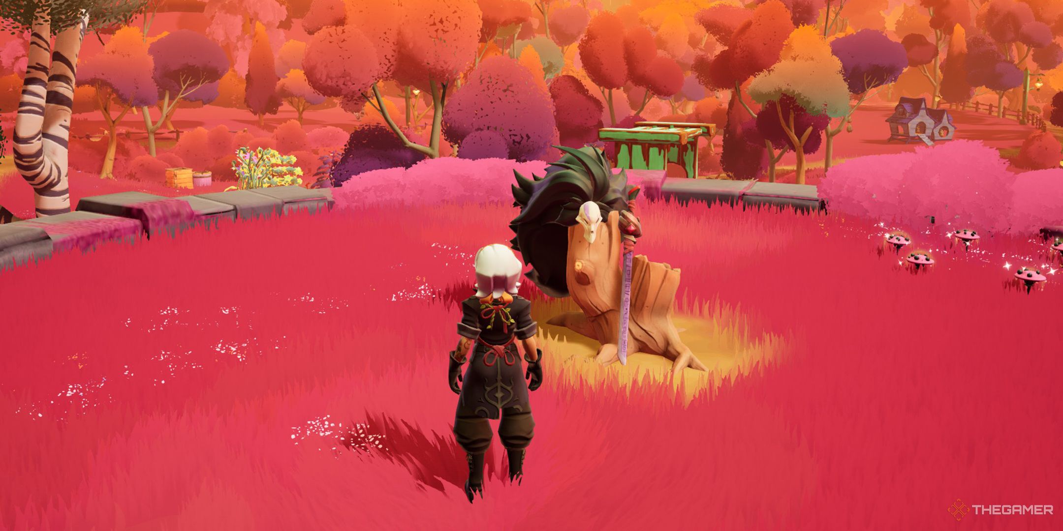 Alta looking at her sword and Ren&rsquo;s mask on the tree stump in Wanderstop.