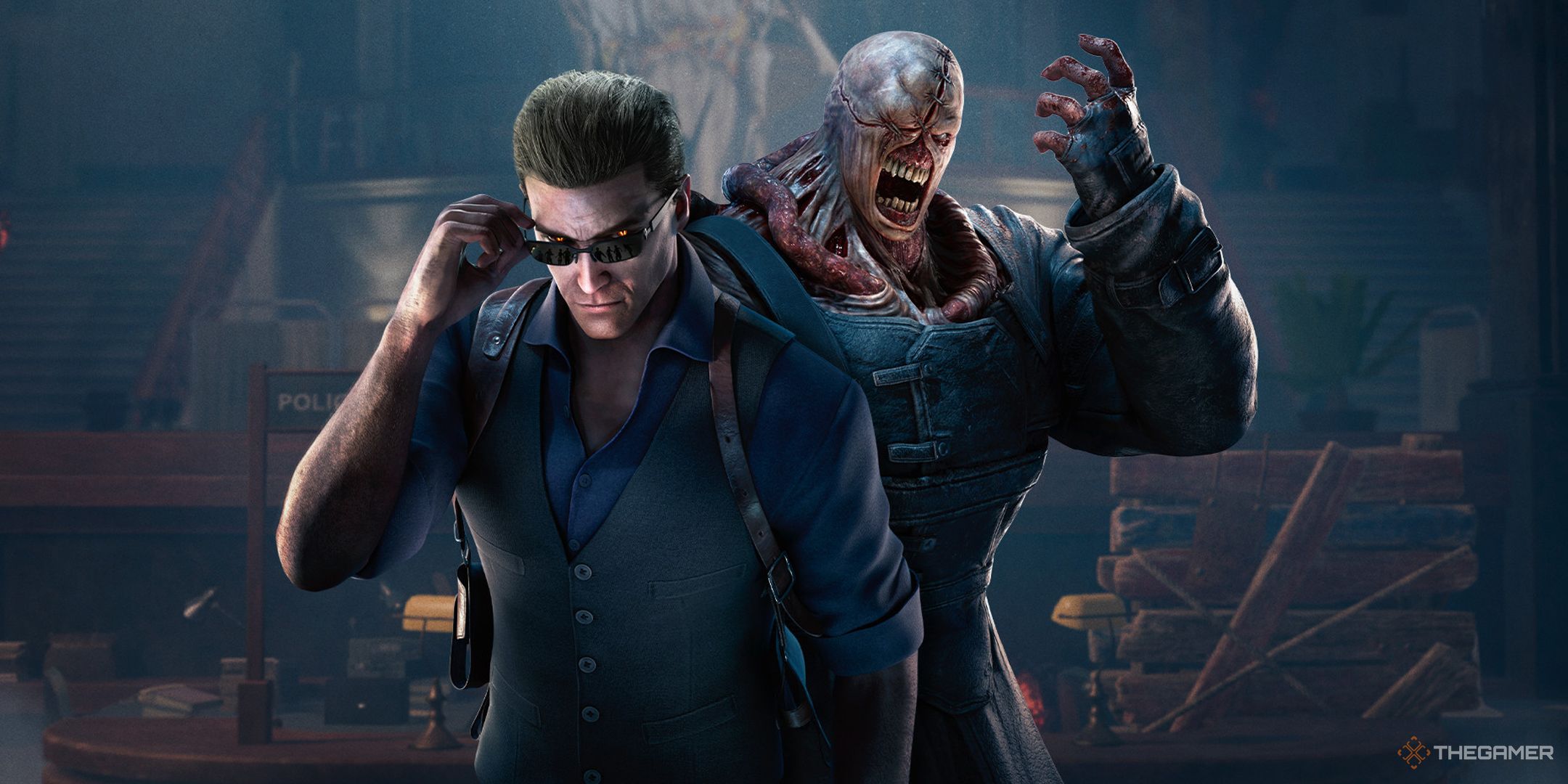 Resident Evil Dead By Daylight 2v8, showing Wesker and Nemesis stood together.