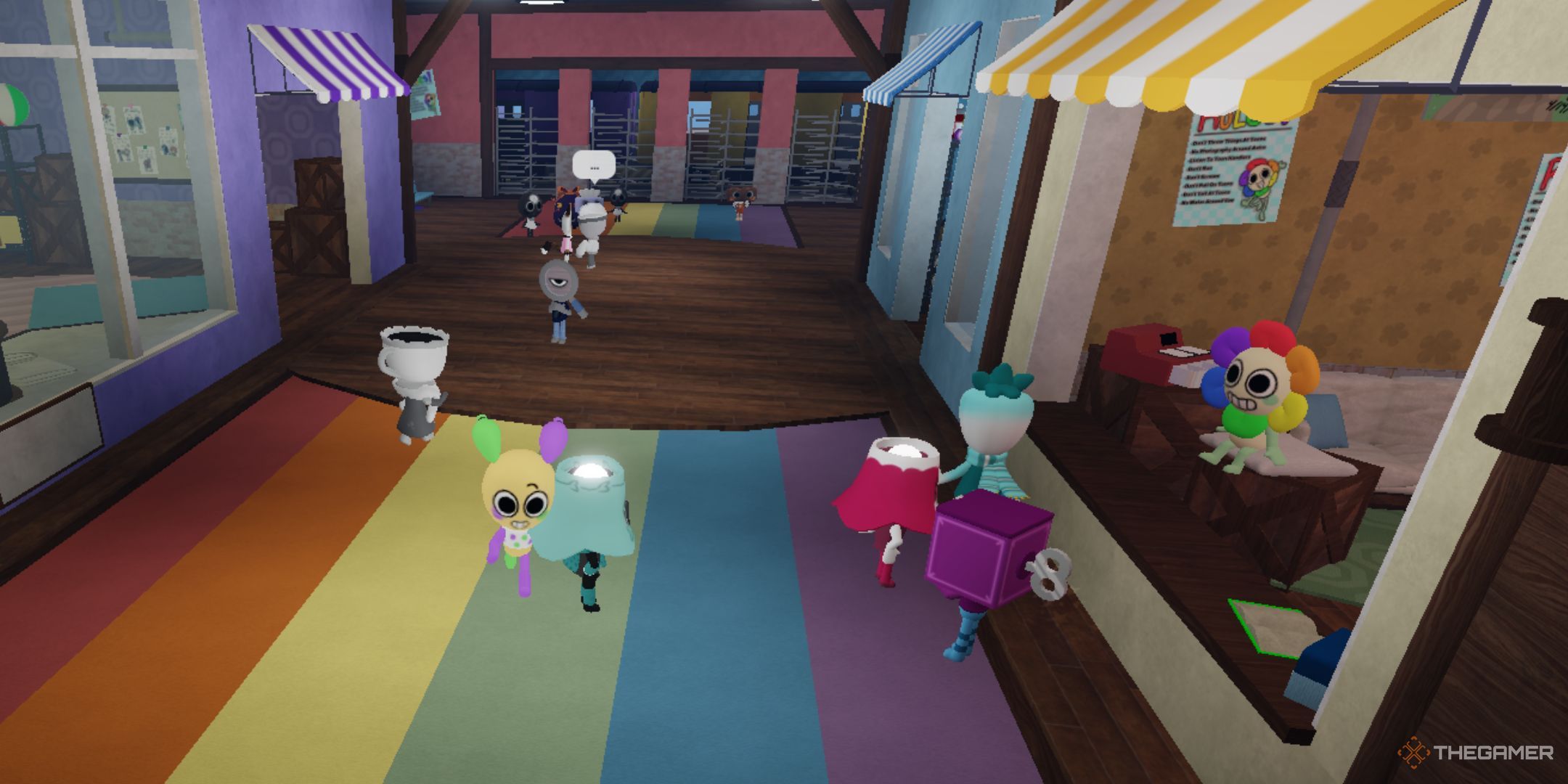 Roblox Dandy's World Lobby with twelve players moving around, zenithal view of dandy's store.