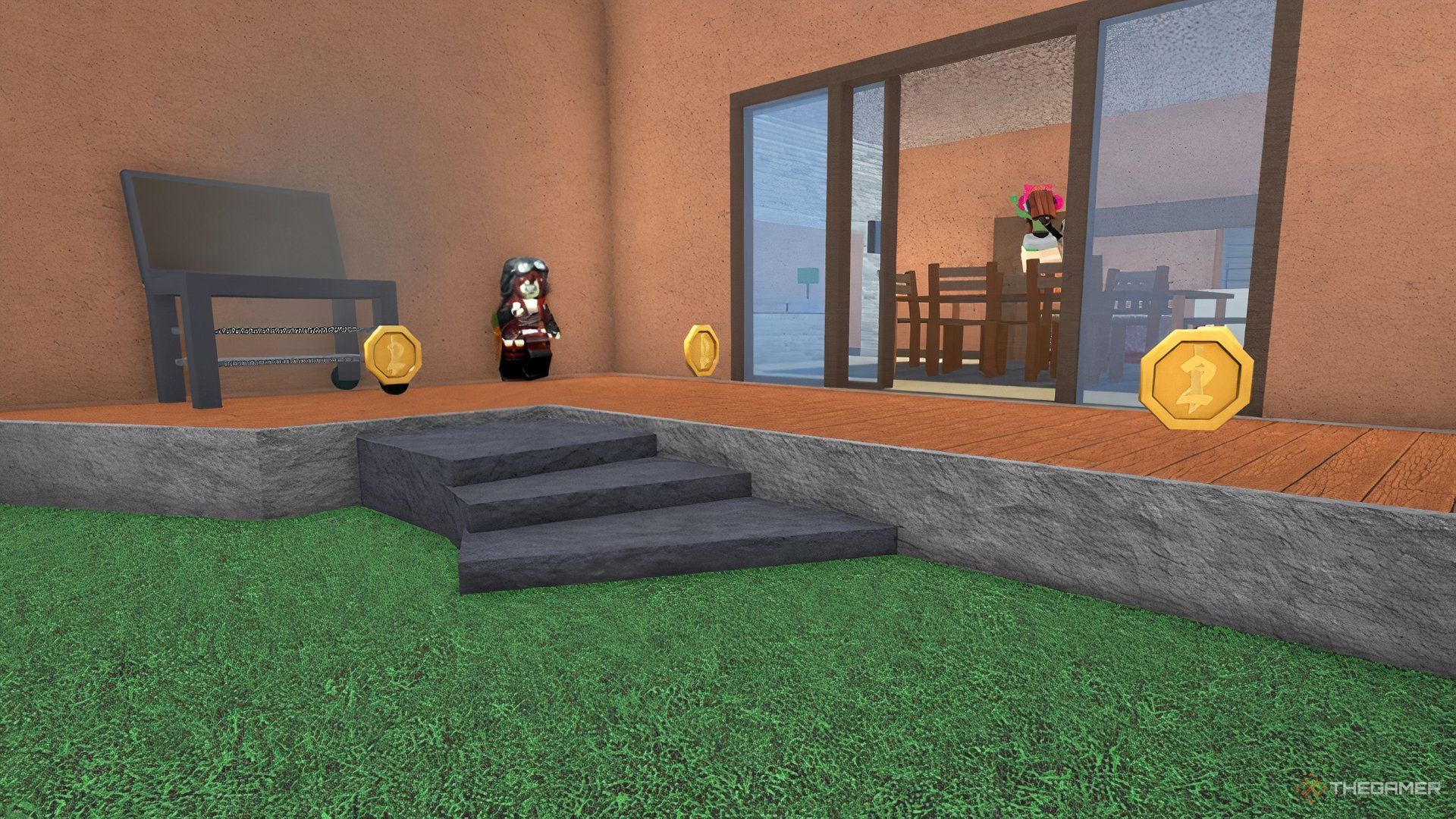 حیاط در Roblox Murder Mystery 2 با سکه و دو شخصیت در حال حرکت است.