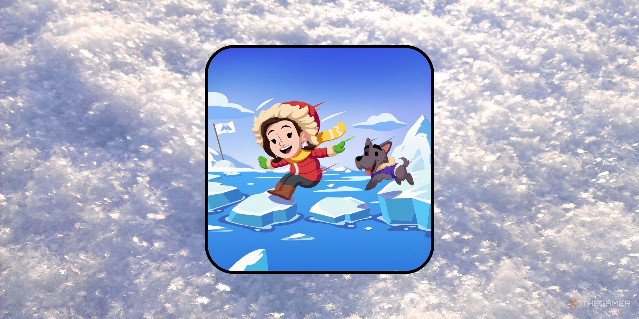 Scottie and a friend hopping around on icebergs for the Iceberg Hop rewards list in Monopoly Go.