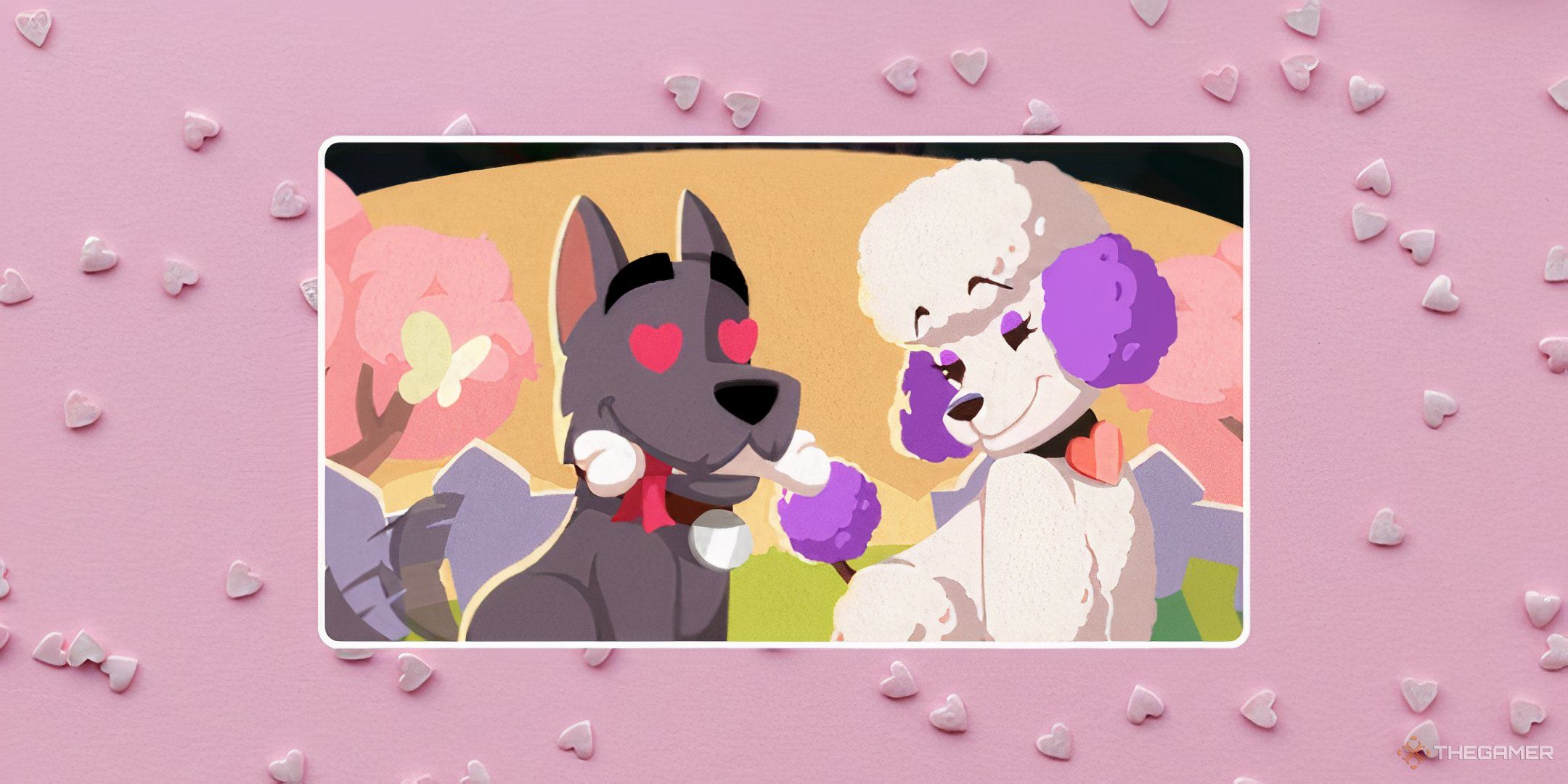 Scottie making heart eyes at another dog for the Paw-Fect Match event in Monopoly Go.