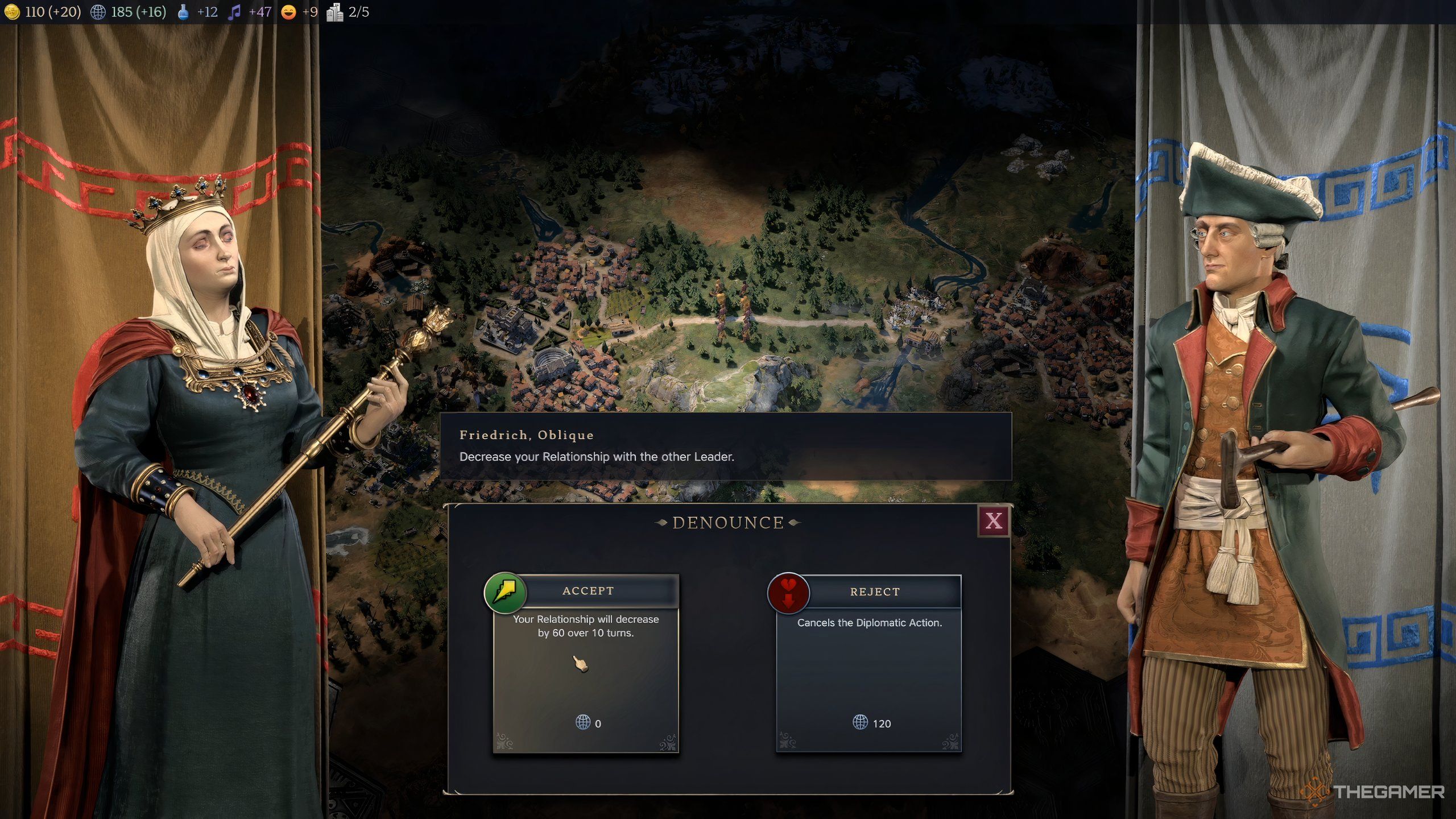 Isabella and Washington's diplomacy screen in Civilization 7. 