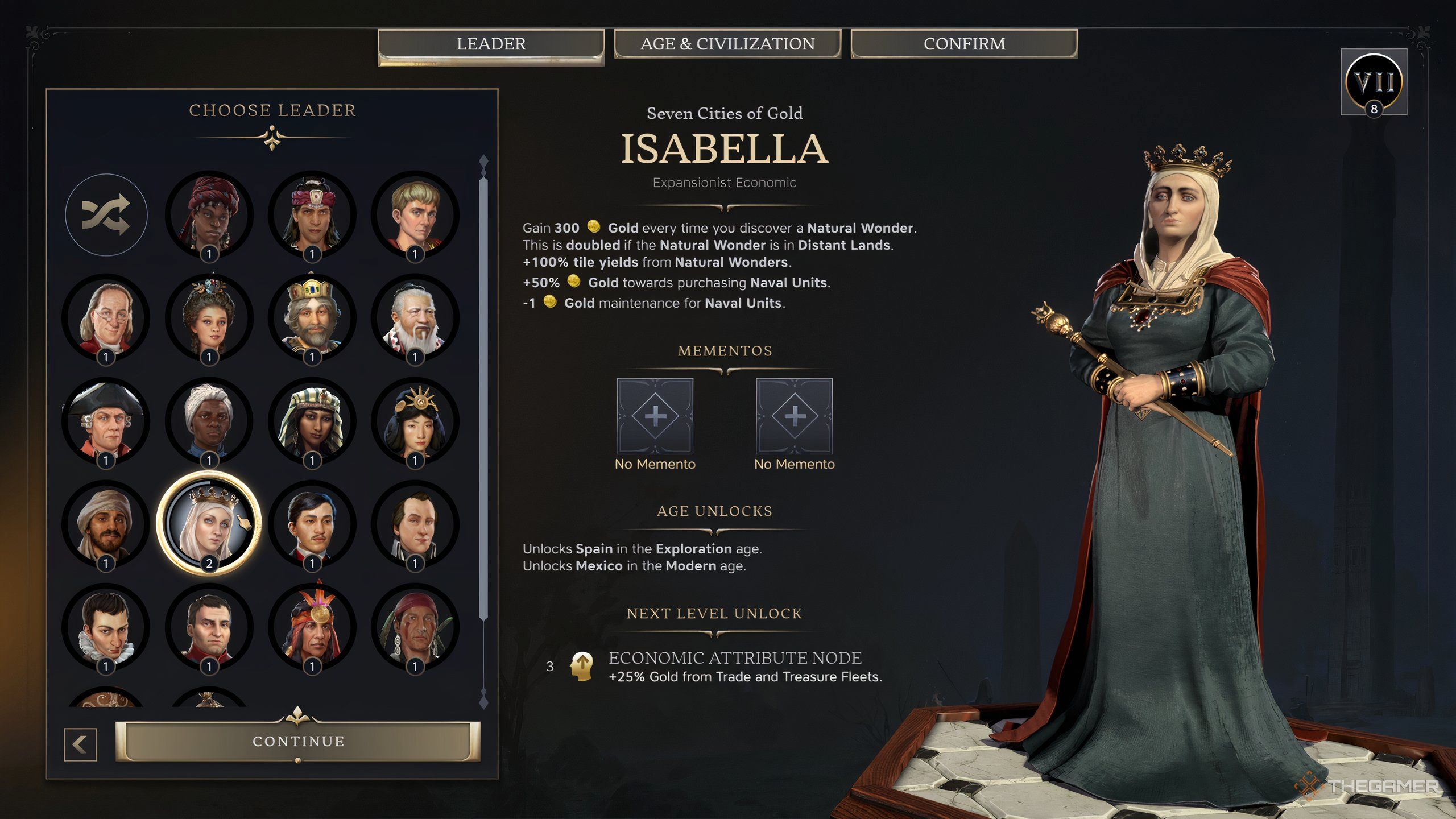 Isabella&rsquo;s leader attributes screen in Civilization 7.