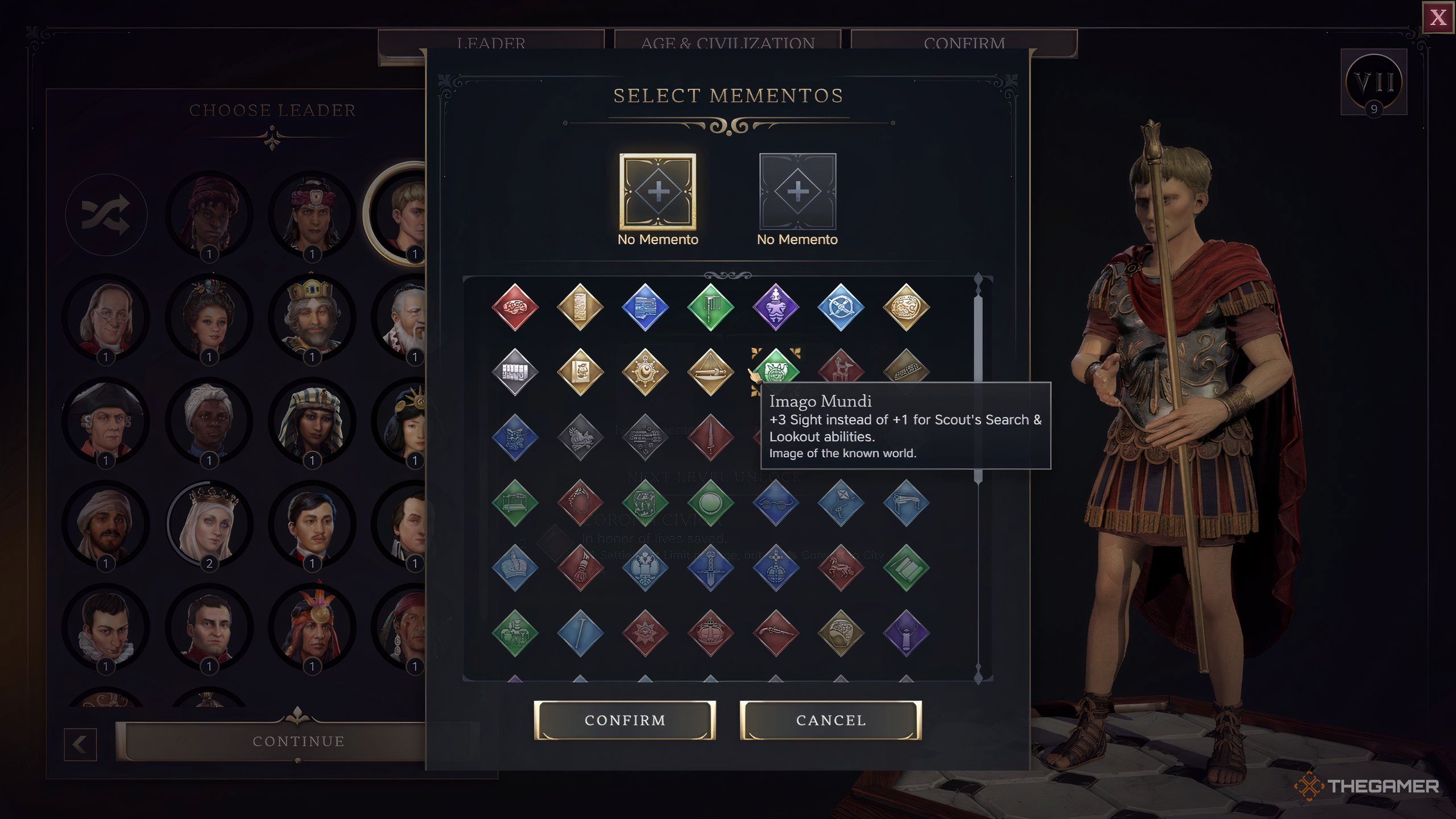 Various mementos next to the leader Augustus in Civ 7.