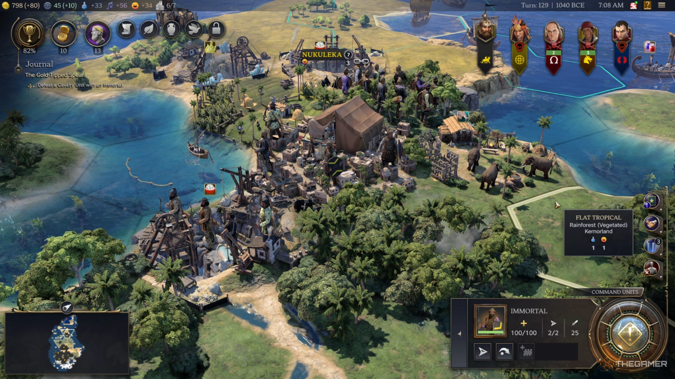 An encampment of soldiers near a settlement in Civilization 7.