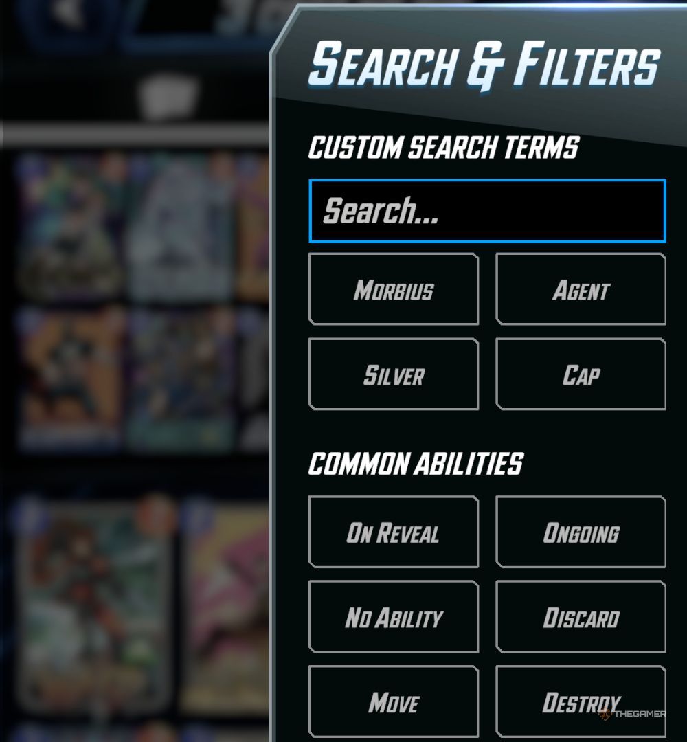Search filters in Marvel Snap.