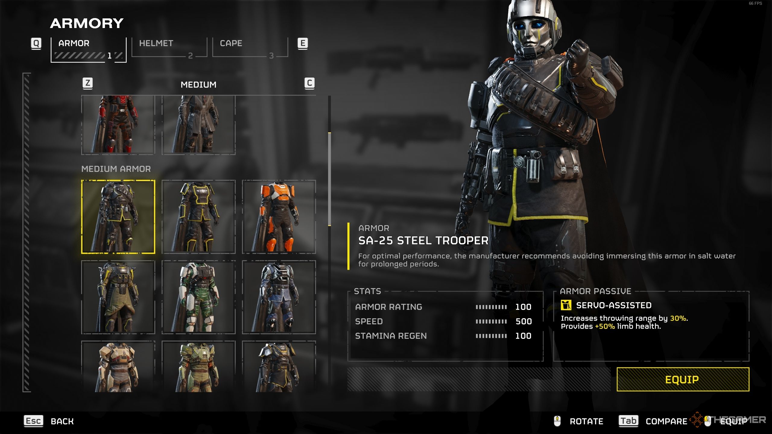 صفحه نمایش Loadout در Helldivers 2 که منفعل به کمک سروو را نشان می دهد.
