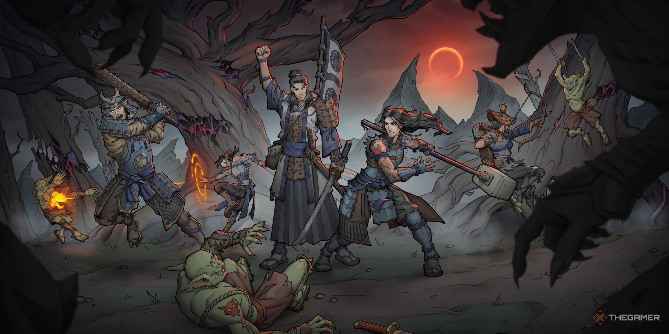 crab clan samurai fighting goblins in the shadowlands in the key art for shadowveil: legend of the five rings.