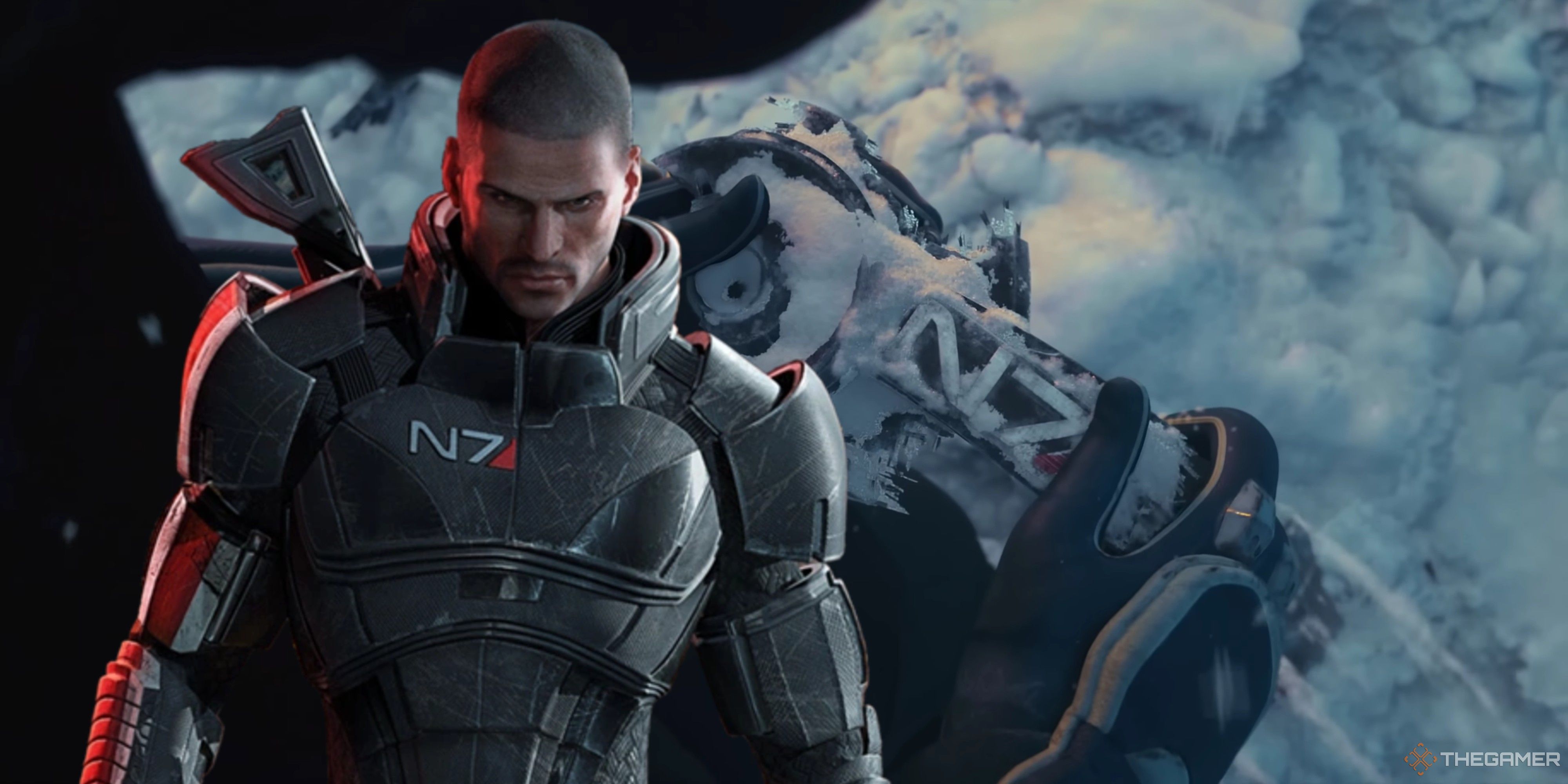 shepard from mass effect next to snow being brushed off an n7 badge in the mass effect teaser.