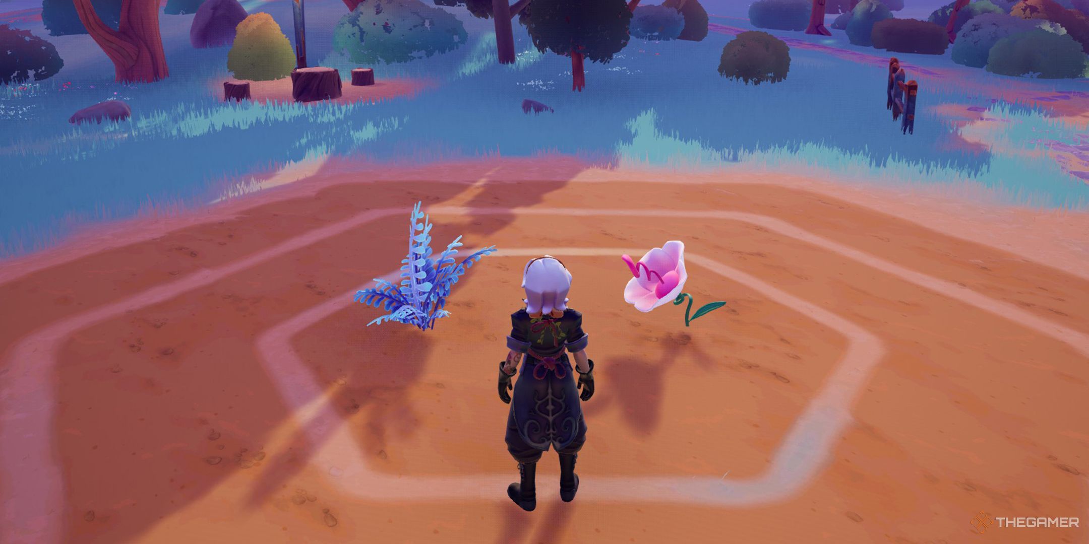 Alta standing in front of blue and pink simple plants in Wanderstop.