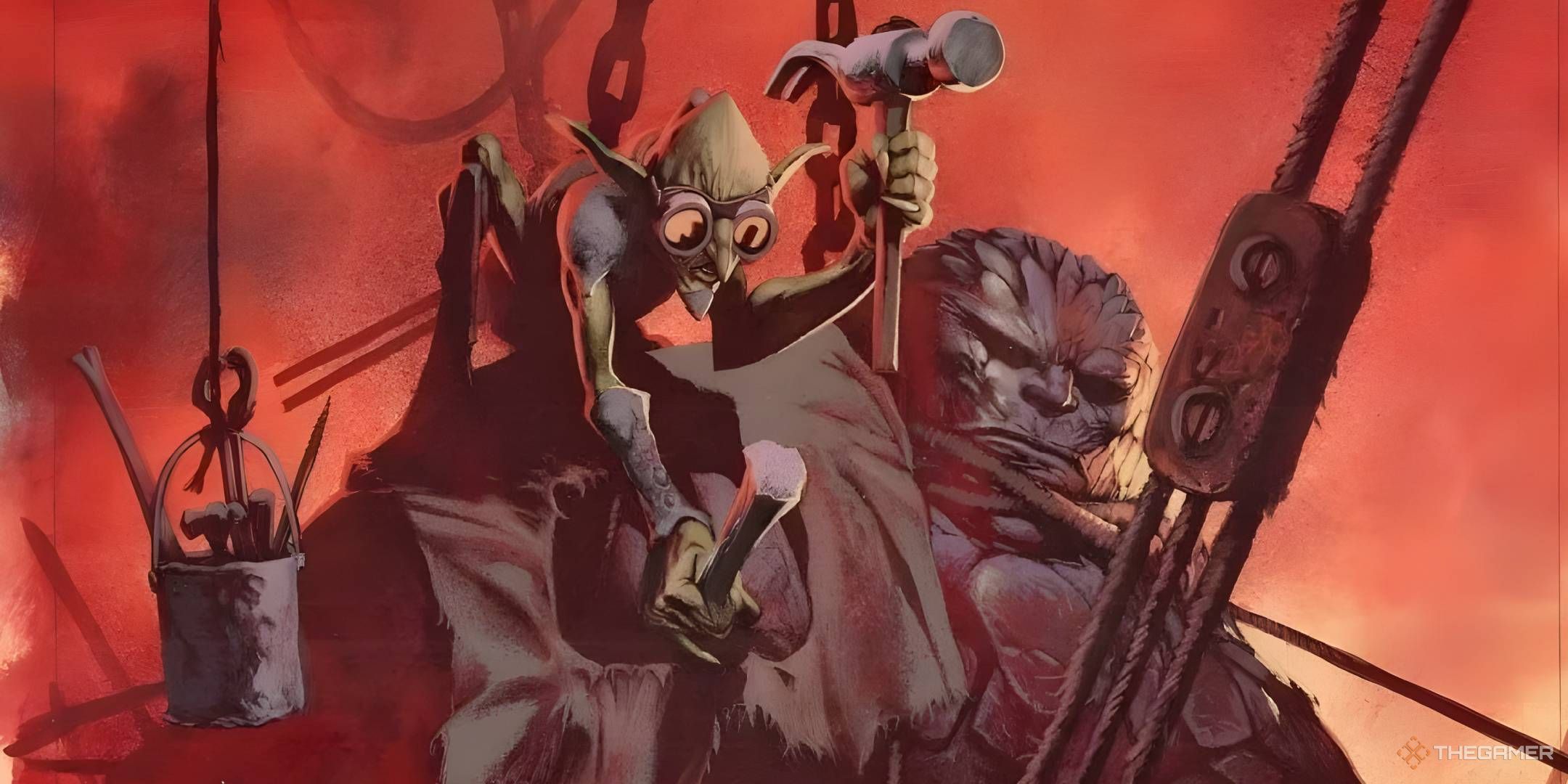 A Goblin squats on a golem's shoulder and chisels away.